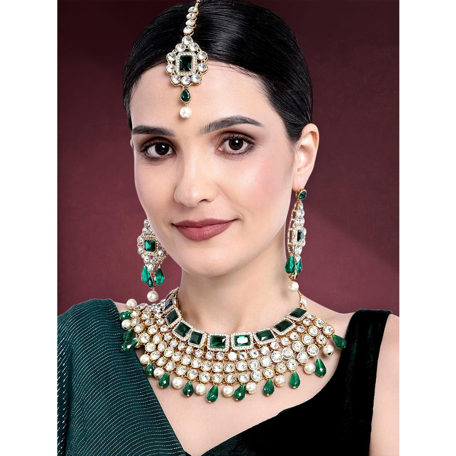 Peora Crystal Choker Necklace with Maang Tikka Earrings Indian Traditional Bridal Wedding Jewellery Set for Women Girls