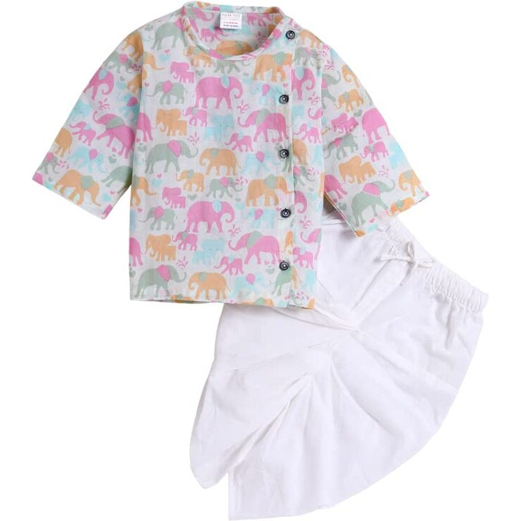 POLKA TOTS Boys Cotton Angrakha Kurta Dhoti Pant Set | Elephant Design Traditional Ethnic wear for Kids, Pink (3-4 Years)