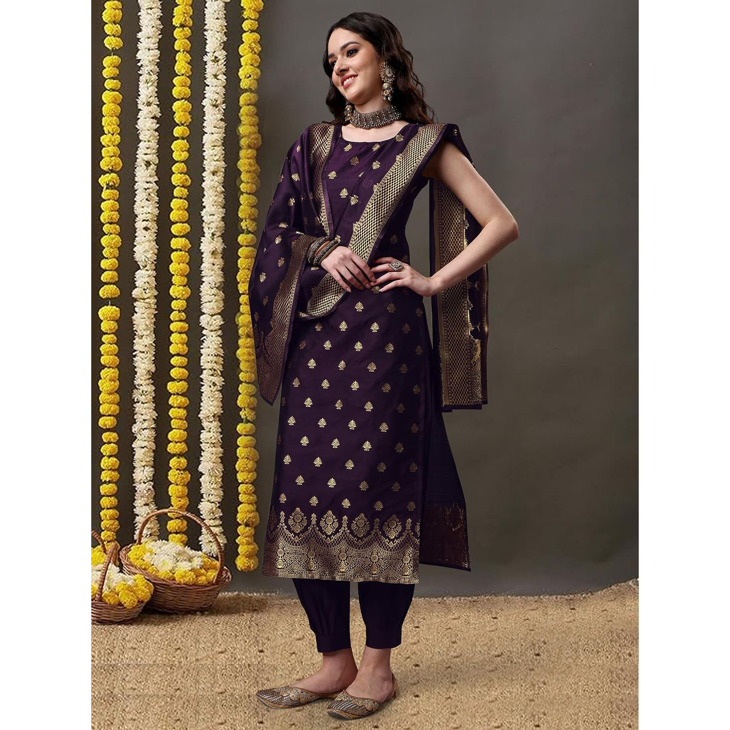 EthnicJunction Women's Embellished Woven Zari work Banarasi Silk Straight Kurta Salwar Pant With Banarasi Dupatta (SKD21-Kaashi-Wine_M_Wine)