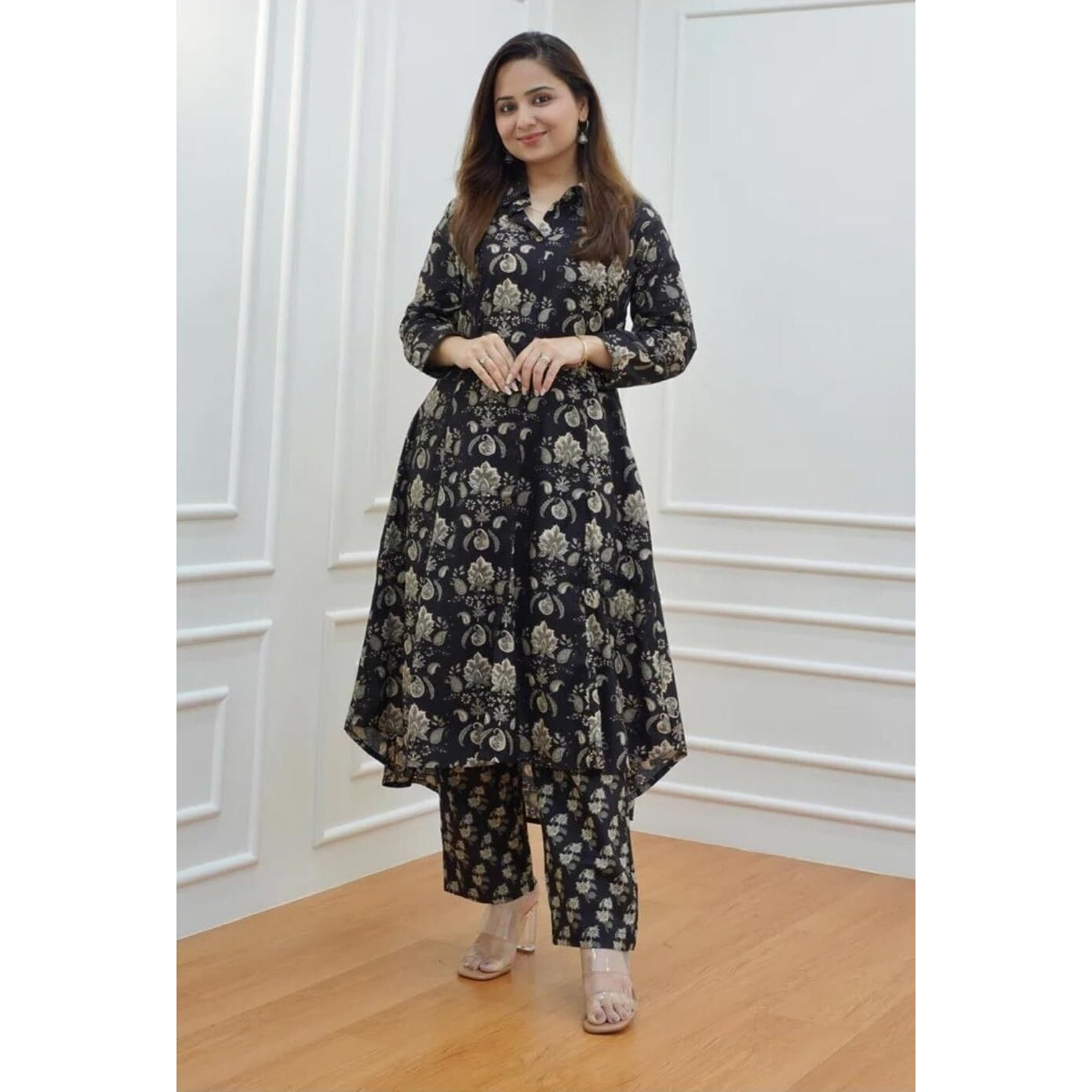 Leriya Fashion Ethnic Co Ord Set for Women Western Wear | Kurta Set for Women | 2 Piece Kurta Set | Kurta with Pant for Women (X-Large, Black)