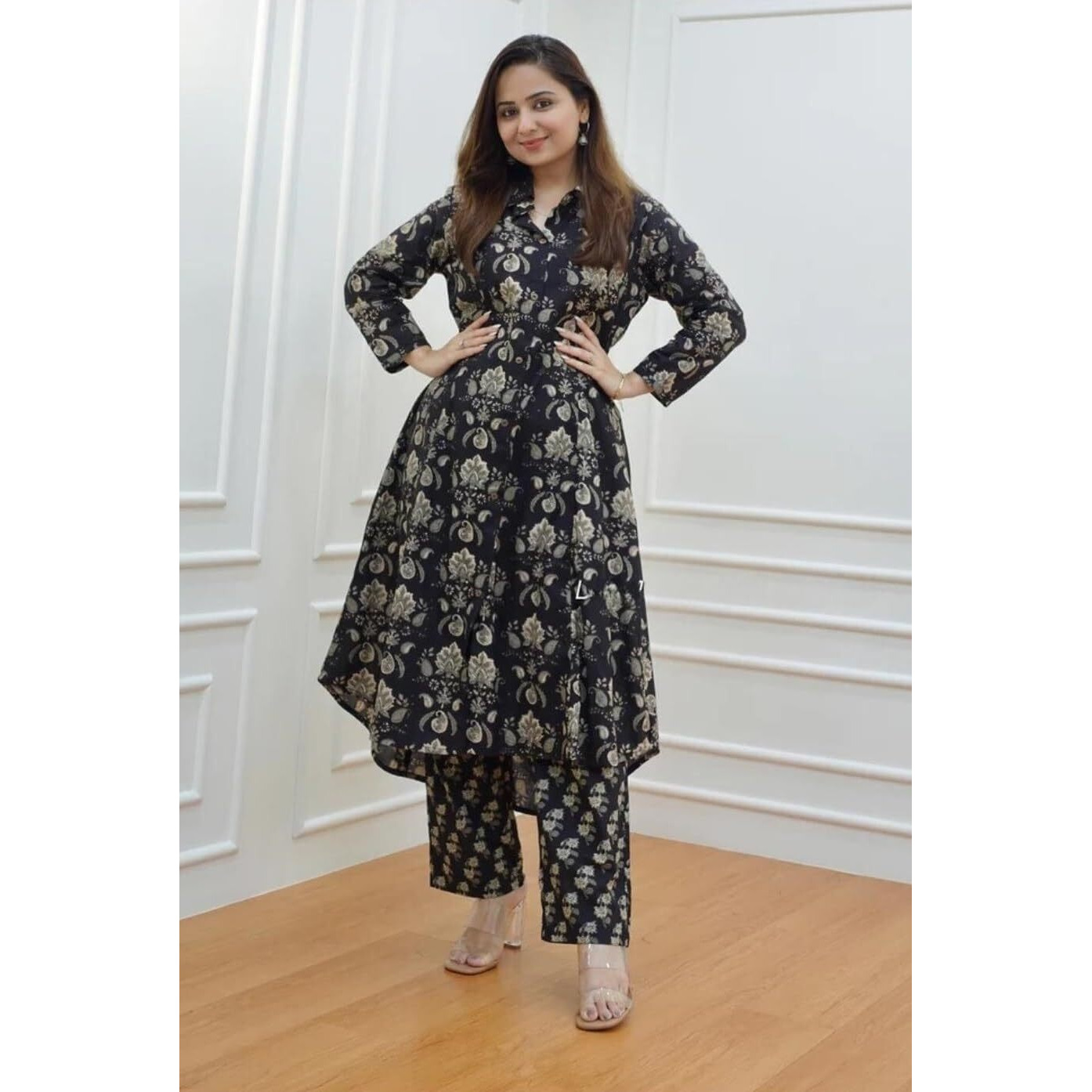 Leriya Fashion Ethnic Co Ord Set for Women Western Wear | Kurta Set for Women | 2 Piece Kurta Set | Kurta with Pant for Women (X-Large, Black)