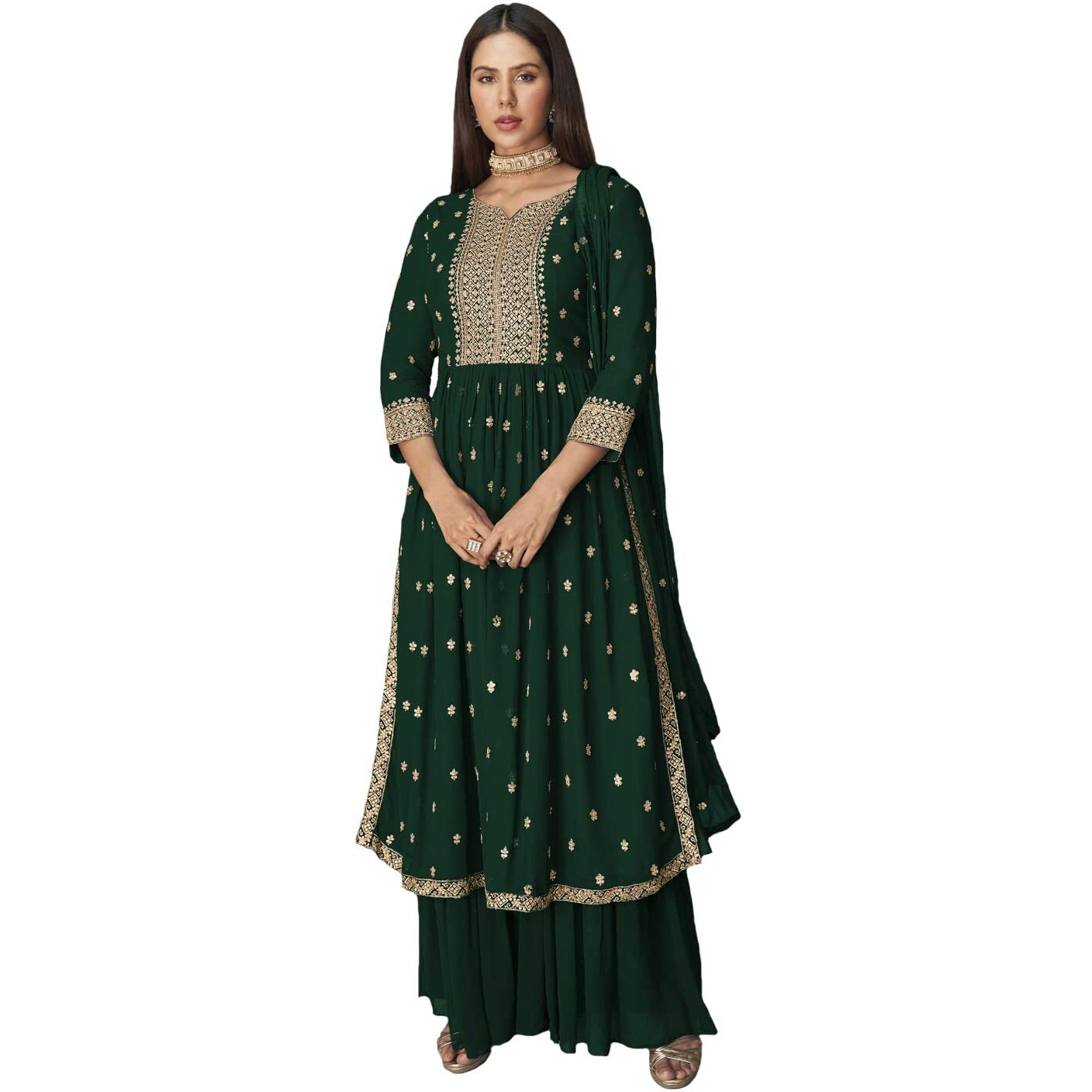 Xomantic Fashion Women's Ethnic Wear Nyra Cut Embroidery Kurti Plazzo and Dupatta (Large, Green)