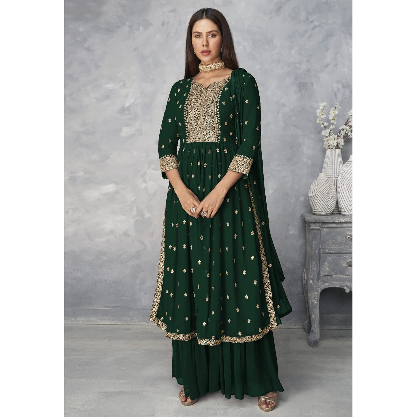 Xomantic Fashion Women's Ethnic Wear Nyra Cut Embroidery Kurti Plazzo and Dupatta (Large, Green)