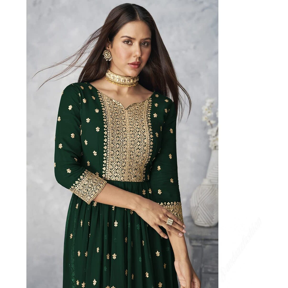 Xomantic Fashion Women's Ethnic Wear Nyra Cut Embroidery Kurti Plazzo and Dupatta (Large, Green)