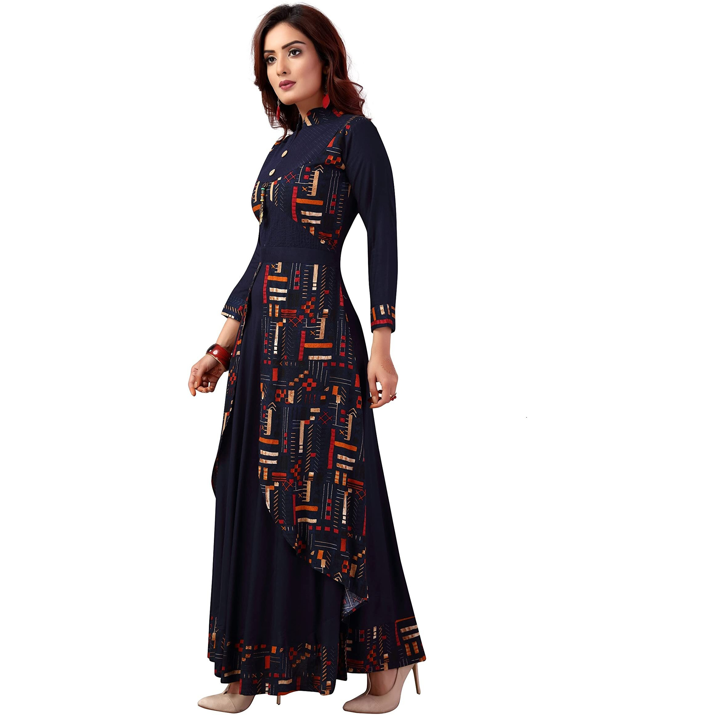 madhuram textiles Women's Rayon Gown Style Kurta (M-2082 L_Navy Blue_L)