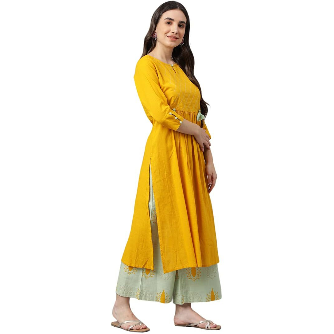 idaLia Mustard and Sage Green Cotton Kurta Set for Women