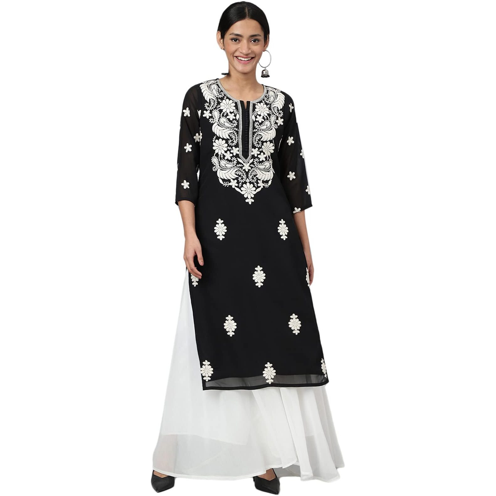 RATAN Women's Georgette Straight Lucknowi Chikankari Ethinic Wear Kurta (LKN-Black-Small)