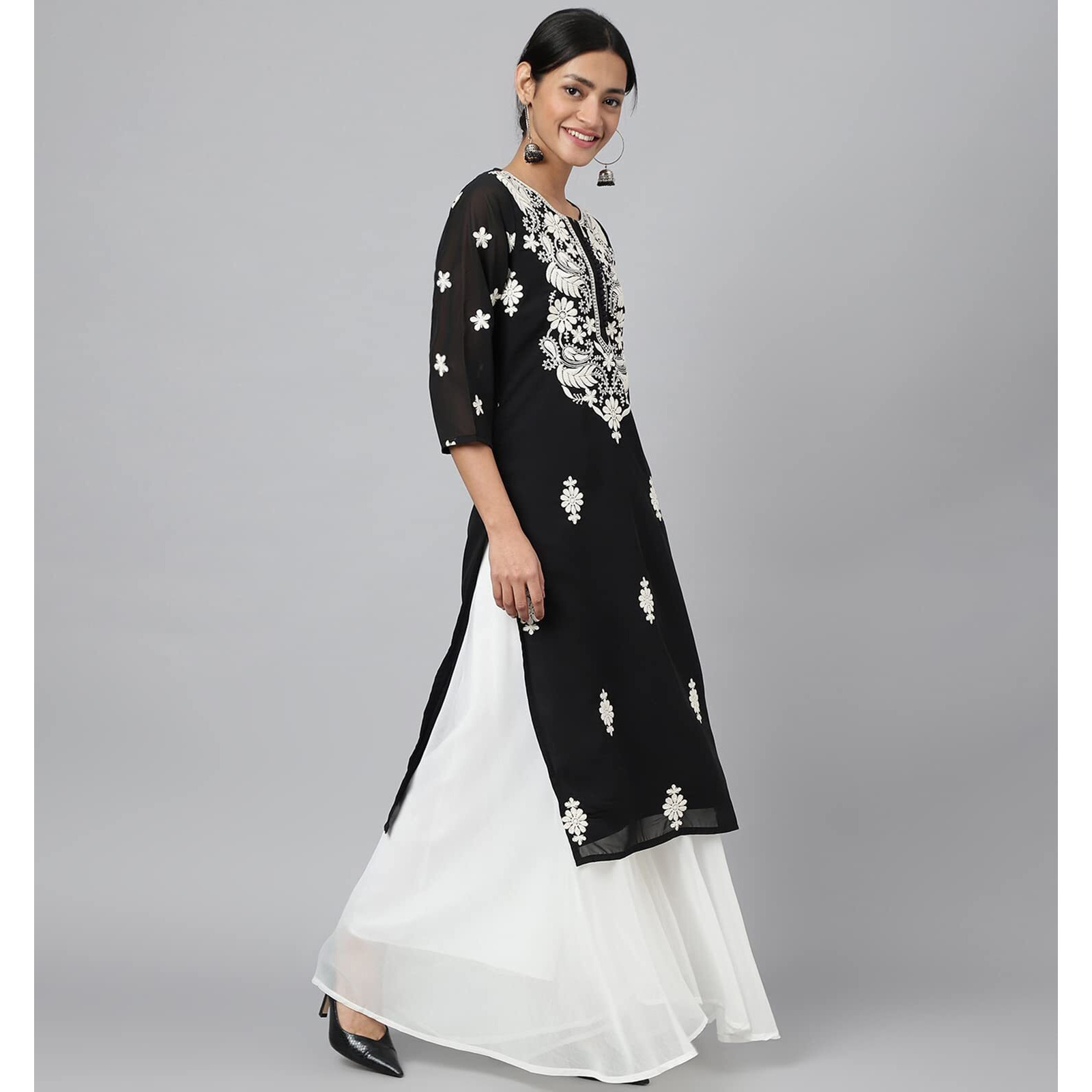 RATAN Women's Georgette Straight Lucknowi Chikankari Ethinic Wear Kurta (LKN-Black-Small)