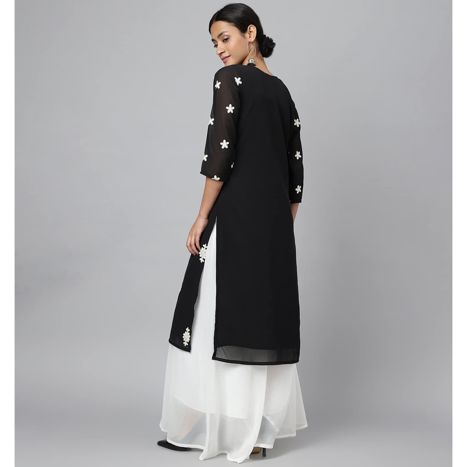 RATAN Women's Georgette Straight Lucknowi Chikankari Ethinic Wear Kurta (LKN-Black-Small)