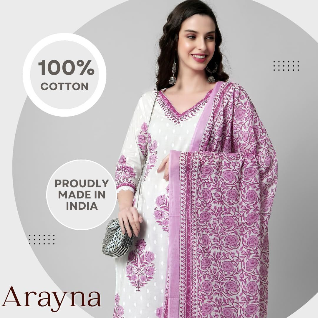 Arayna Women's Cotton Printed Floral Straight Kurta with Palazzo Pants and Printed Dupatta, Pink, Large