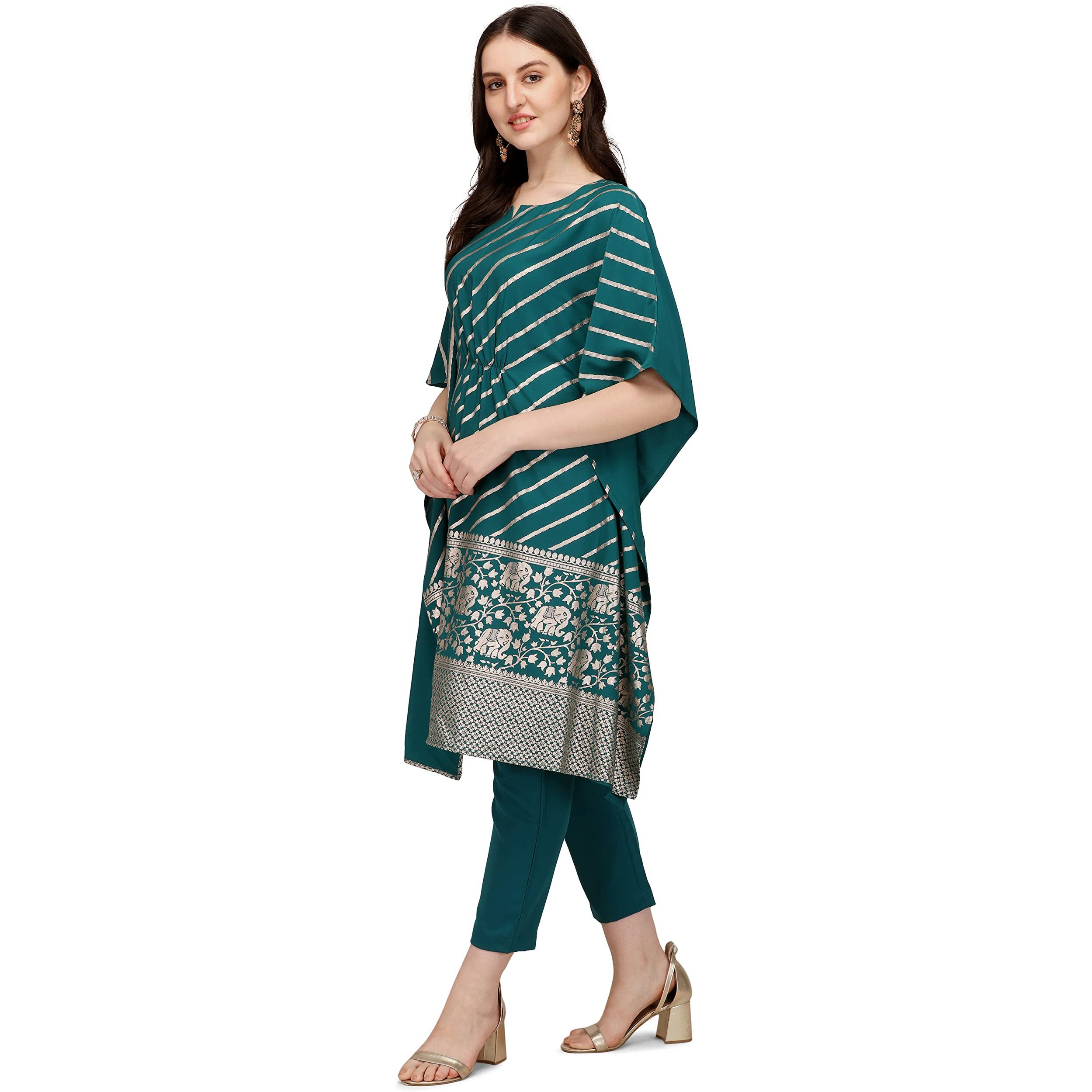 FIORRA Women's Teal Blue Poly Crepe Kaftan Kurta with Pant SET0043-S