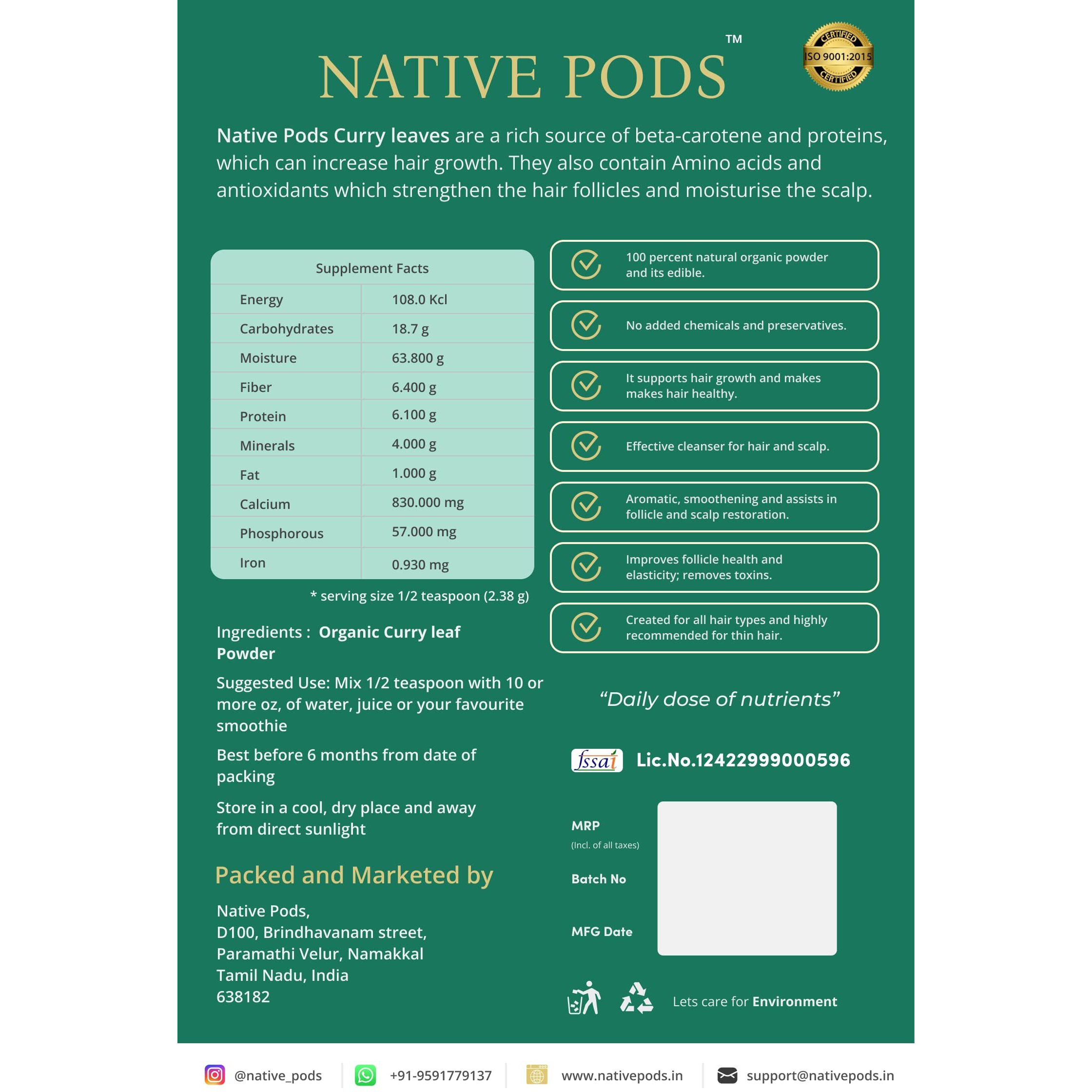 Native Pods Organic Curry Leave Powder - Curry Powder/Curry Leaves Powder - Kadi Patta Leave,kadi patta powder,Karuvepillai Powder - 200g (Pack of 1)