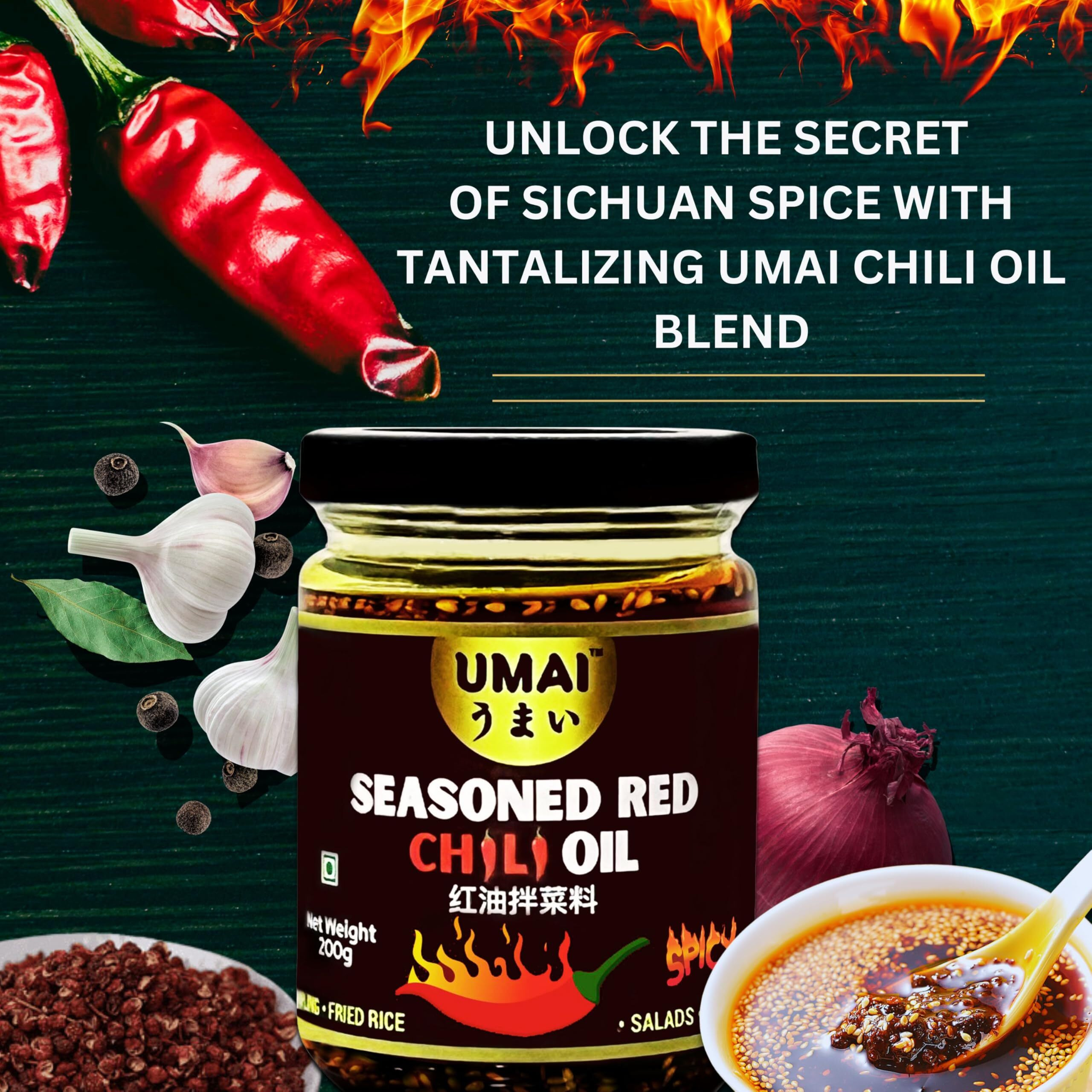 UMAI Seasoned Red Chilli Oil 200g| Authentically Chinese Condiment| Chilli Crisp Seasoned with Garlic, Ginger, Sichuan Pepper