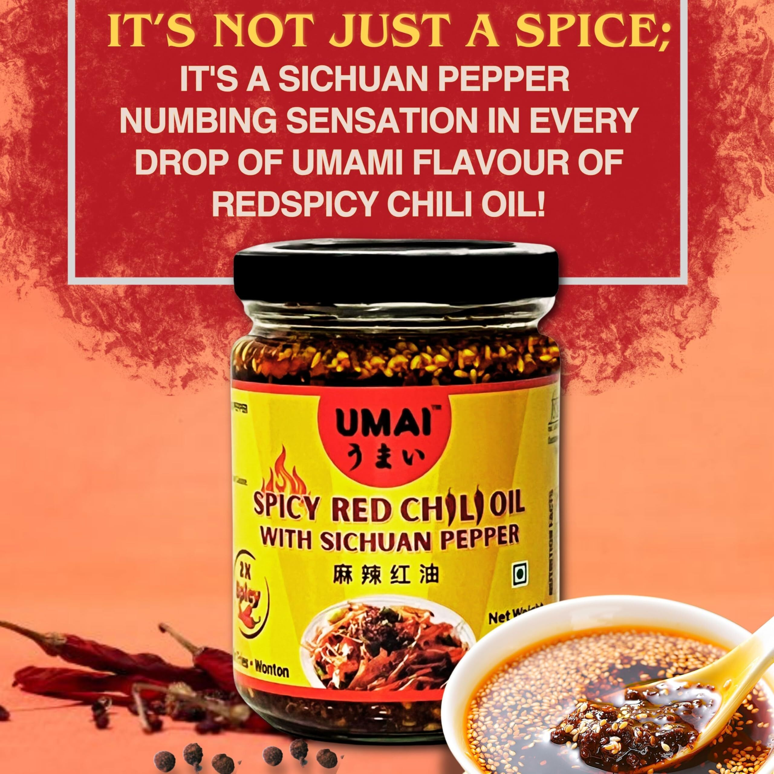 UMAI Spicy Red Chilli Oil with Sichaun Pepper 200g| 2X Spicy| With Sichaun Peppers| Authentically Chinese Spicy Condiment