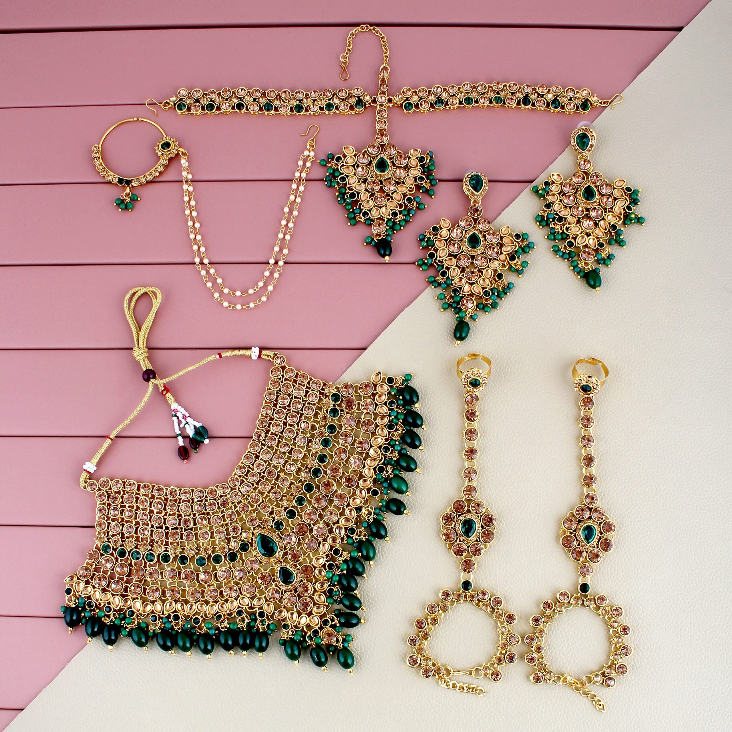 Lucky Jewellery Wedding Designer Golden Color Gold Plated Dulhan Choker Bridal Set with sheeshpatti for Girls & Women (2475-L1ZS-KD124-LCT-LG)