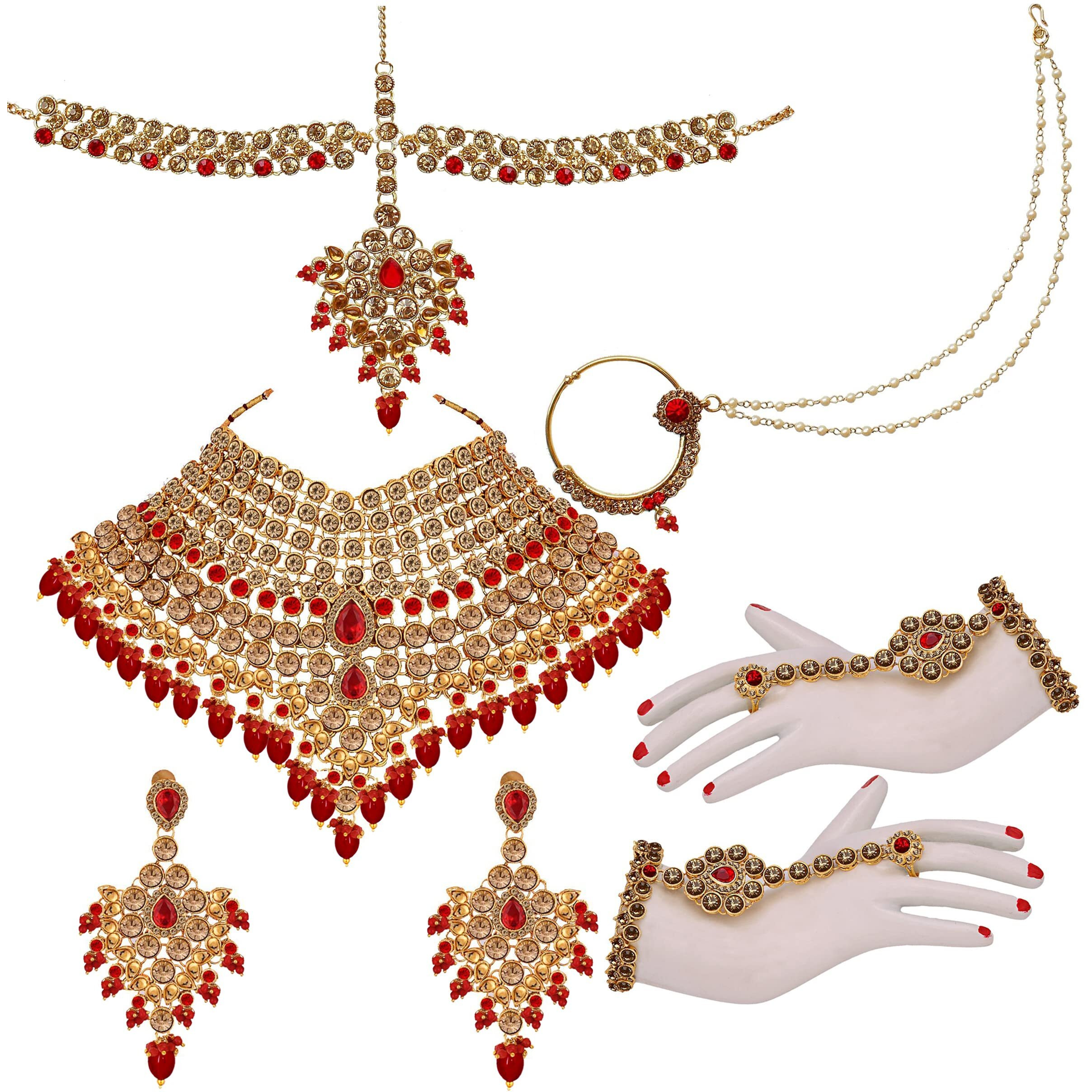 Lucky Jewellery Wedding Designer Golden Red Color Gold Plated Dulhan Choker Bridal Set for Girls & Women (2475-L1ZS-KD124-LCT-RED)