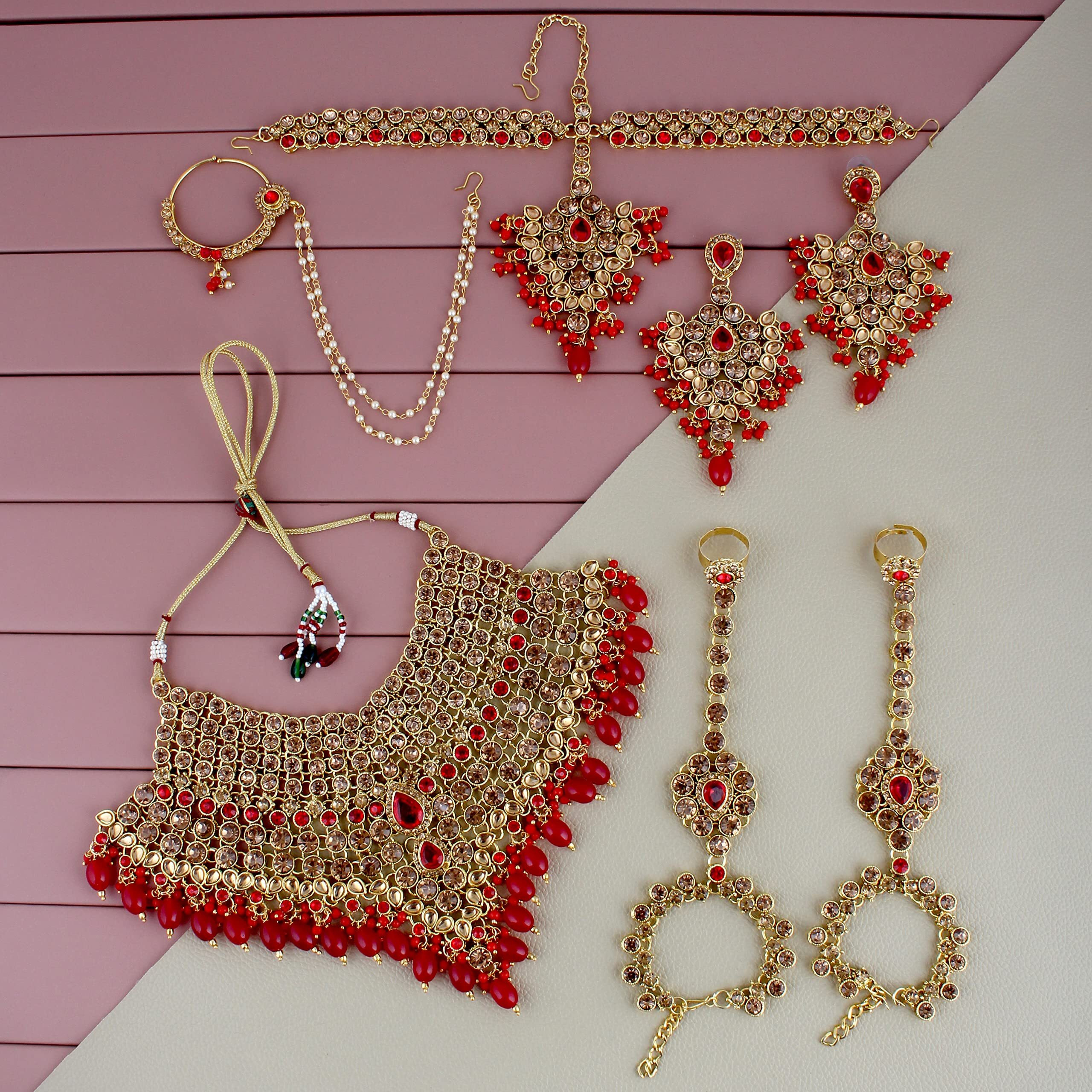 Lucky Jewellery Wedding Designer Golden Red Color Gold Plated Dulhan Choker Bridal Set for Girls & Women (2475-L1ZS-KD124-LCT-RED)