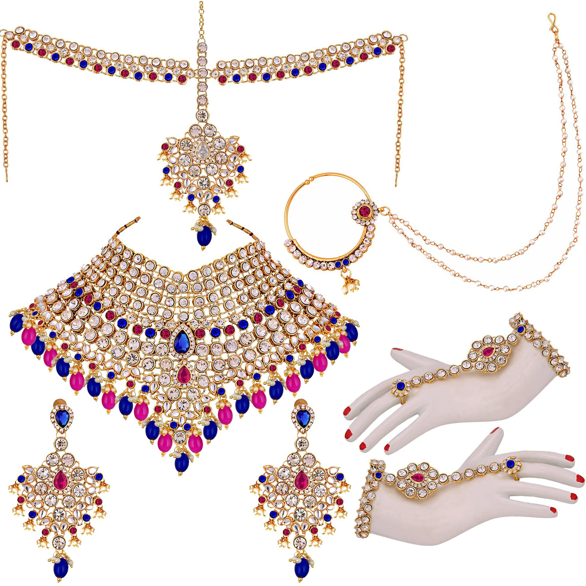 Lucky Jewellery Wedding Designer Magenta Blue Color Gold Plated Dulhan Choker Bridal Set for Girls & Women (2475-L1ZS-KD124-RB)