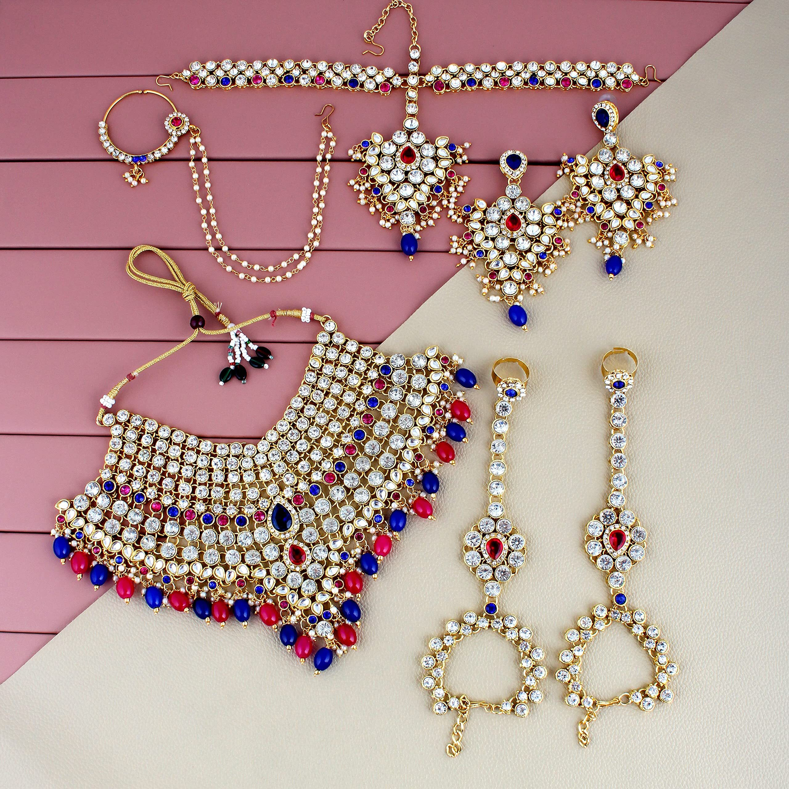 Lucky Jewellery Wedding Designer Magenta Blue Color Gold Plated Dulhan Choker Bridal Set for Girls & Women (2475-L1ZS-KD124-RB)