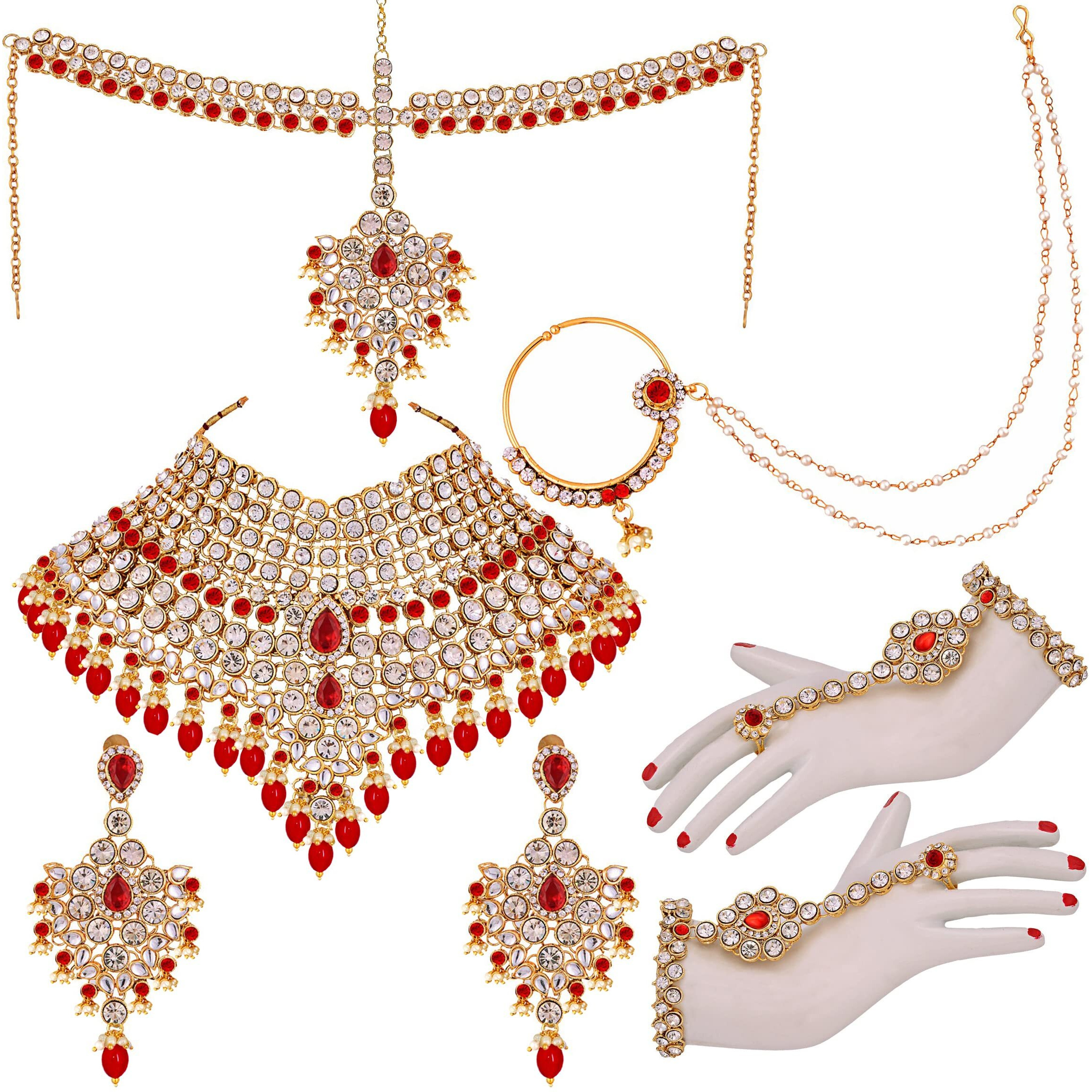 Lucky Jewellery Wedding Designer Red Color Gold Plated Dulhan Choker Bridal Set for Girls & Women (2475-L1ZS-KD124-RED)