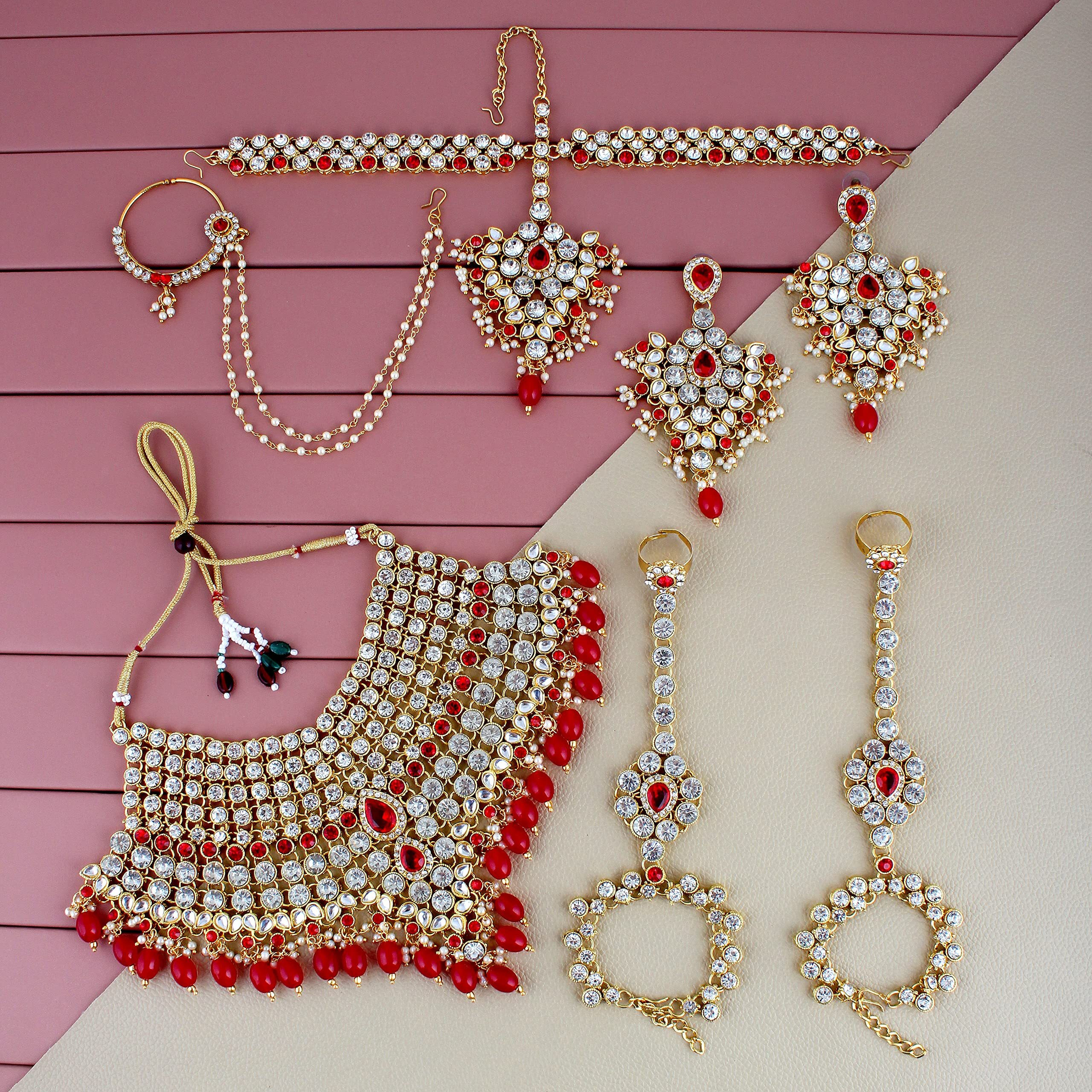 Lucky Jewellery Wedding Designer Red Color Gold Plated Dulhan Choker Bridal Set for Girls & Women (2475-L1ZS-KD124-RED)