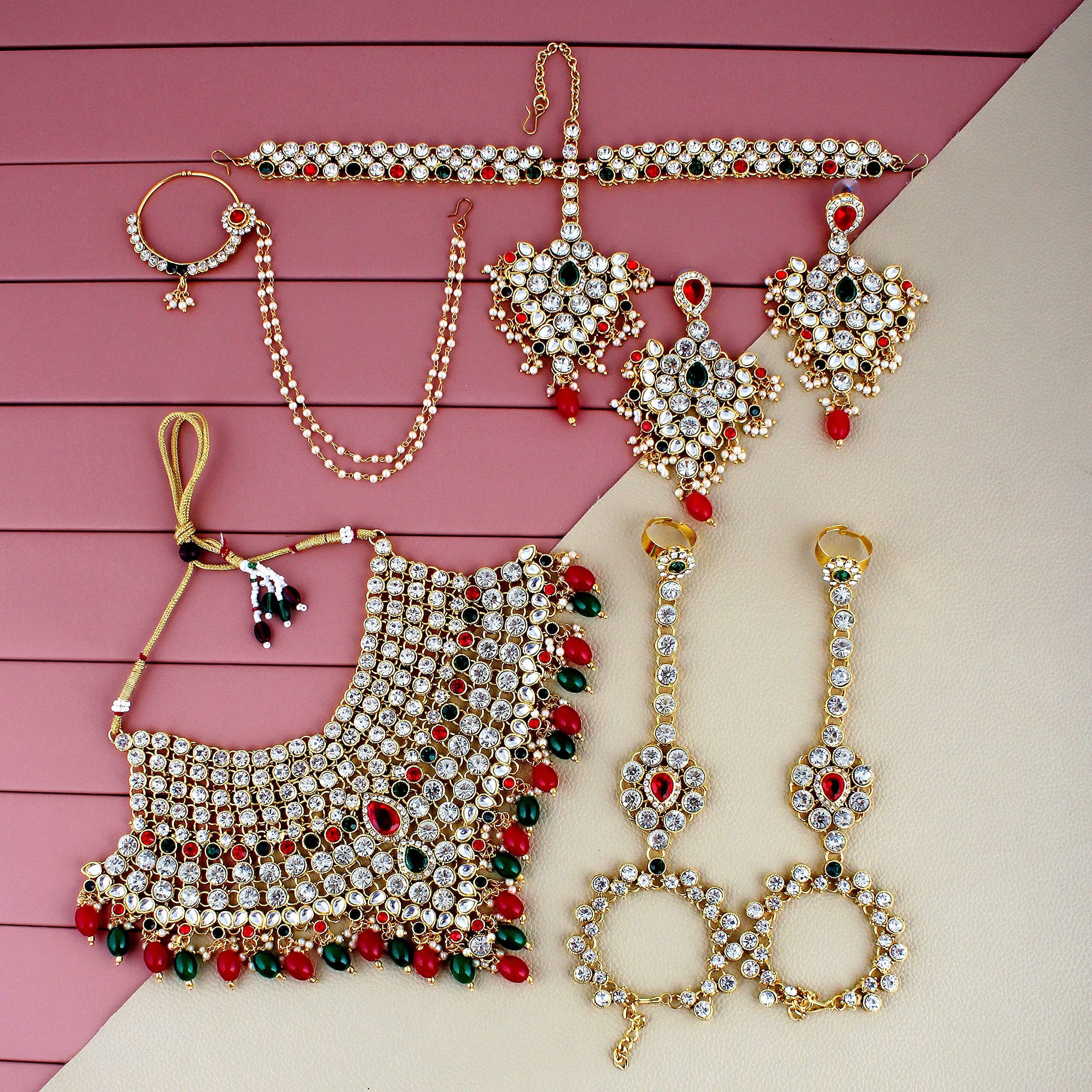 Lucky Jewellery Wedding Designer Red Green Color Gold Plated Dulhan Choker Bridal Set for Girls & Women (2475-L1ZS-KD124-RED-G)