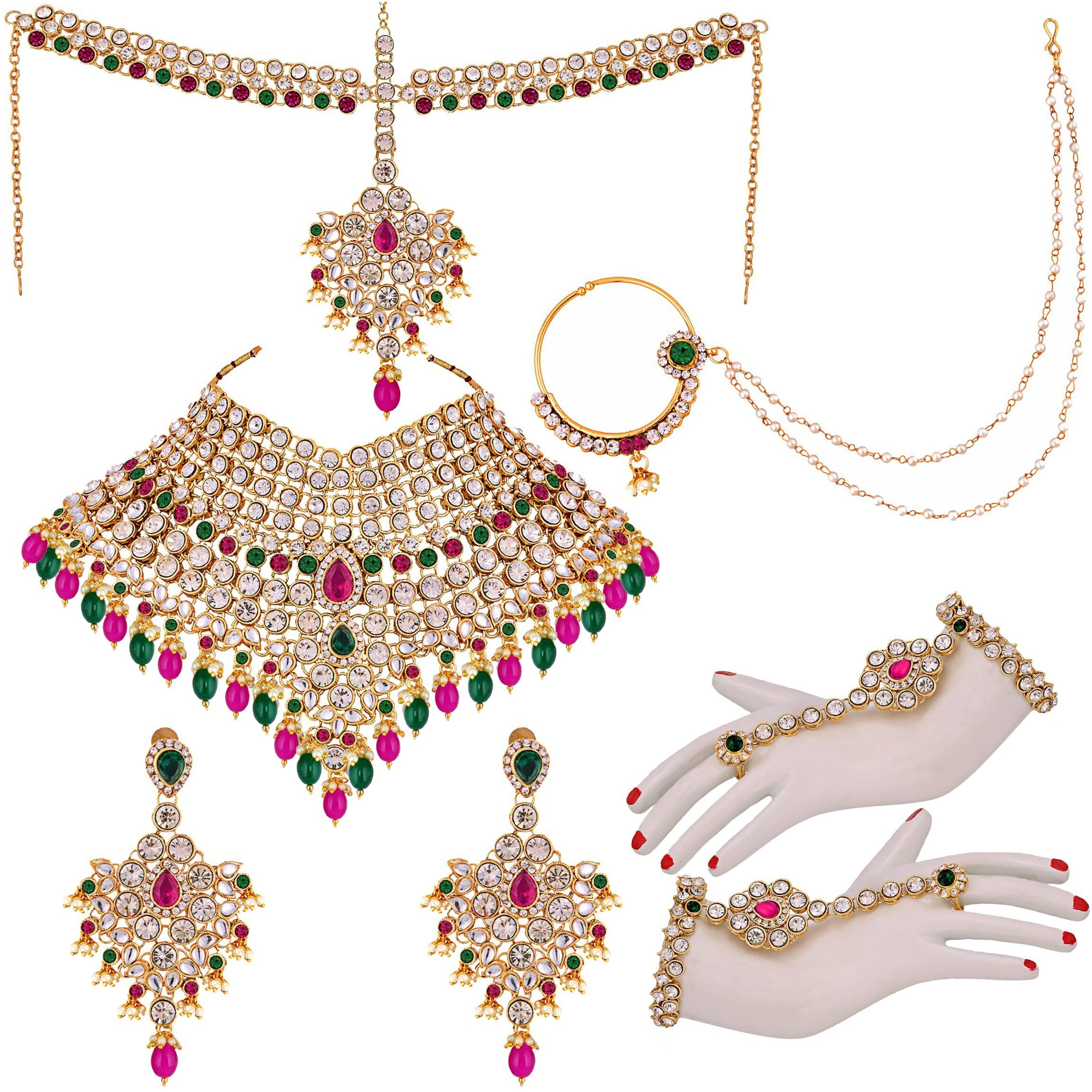 Lucky Jewellery Non-Precious Metal Bridal Dulhan Wedding and Engagement Jewellery Set for Women(Magenta and Green)