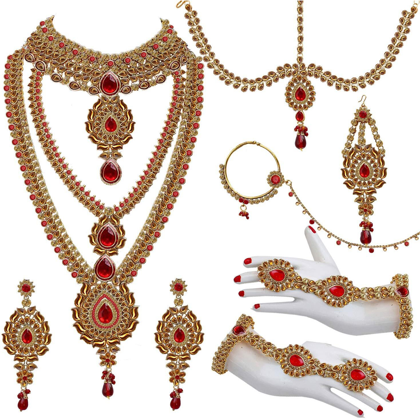 Lucky Jewellery bridal jewellery Gold Red in color Alloy Kundan & CZ Stone Wedding Jewellery LCT Red Bridal Set 8 Pcs. (3600-WZK-LCT-RED)