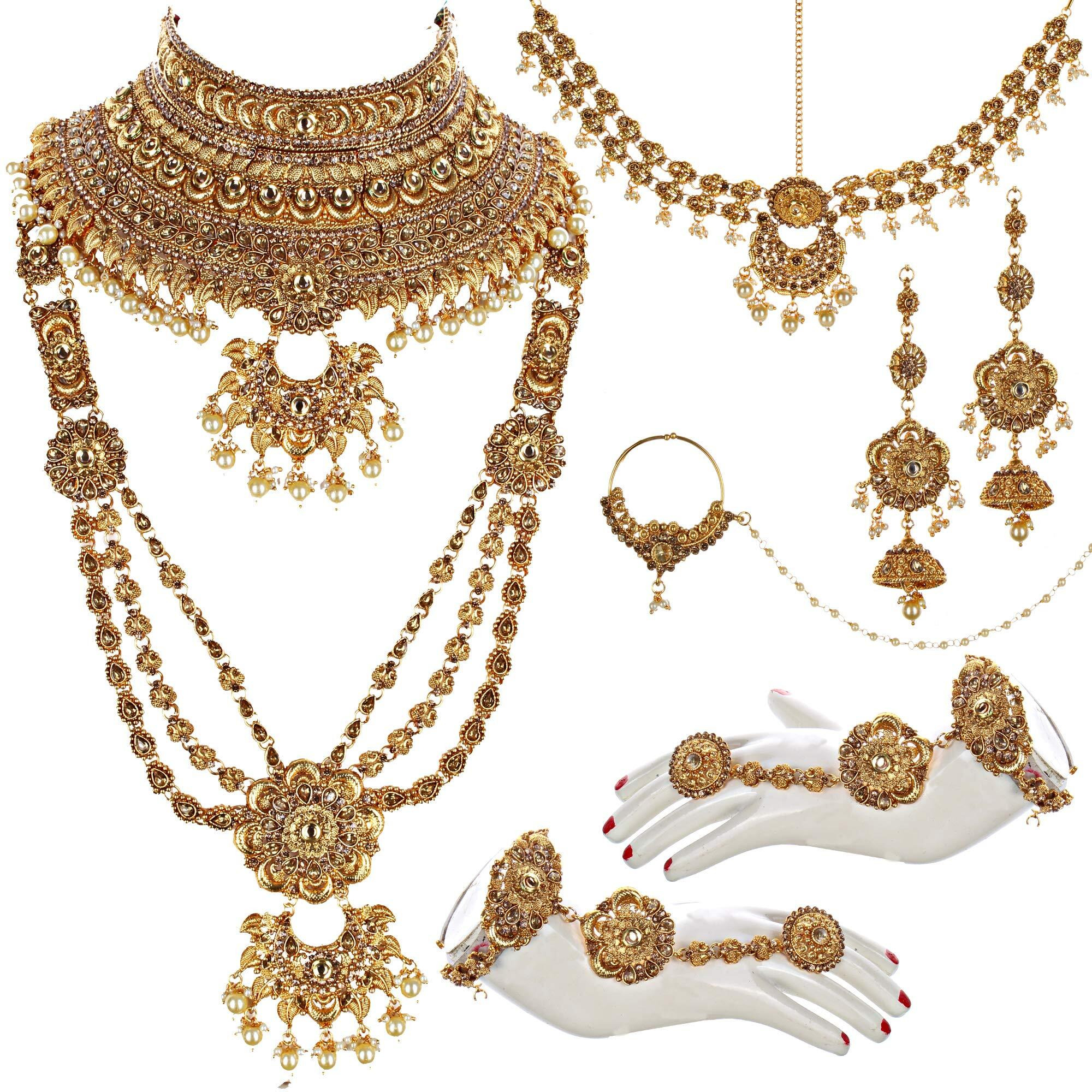 Lucky Jewellery Ethnic Copper Finish Bridal Alloy Gold Plated Golden Color Pearl Dulhan Shadi Jewellery Set for Girls & Women (3630-G2ZR-175-LCT)