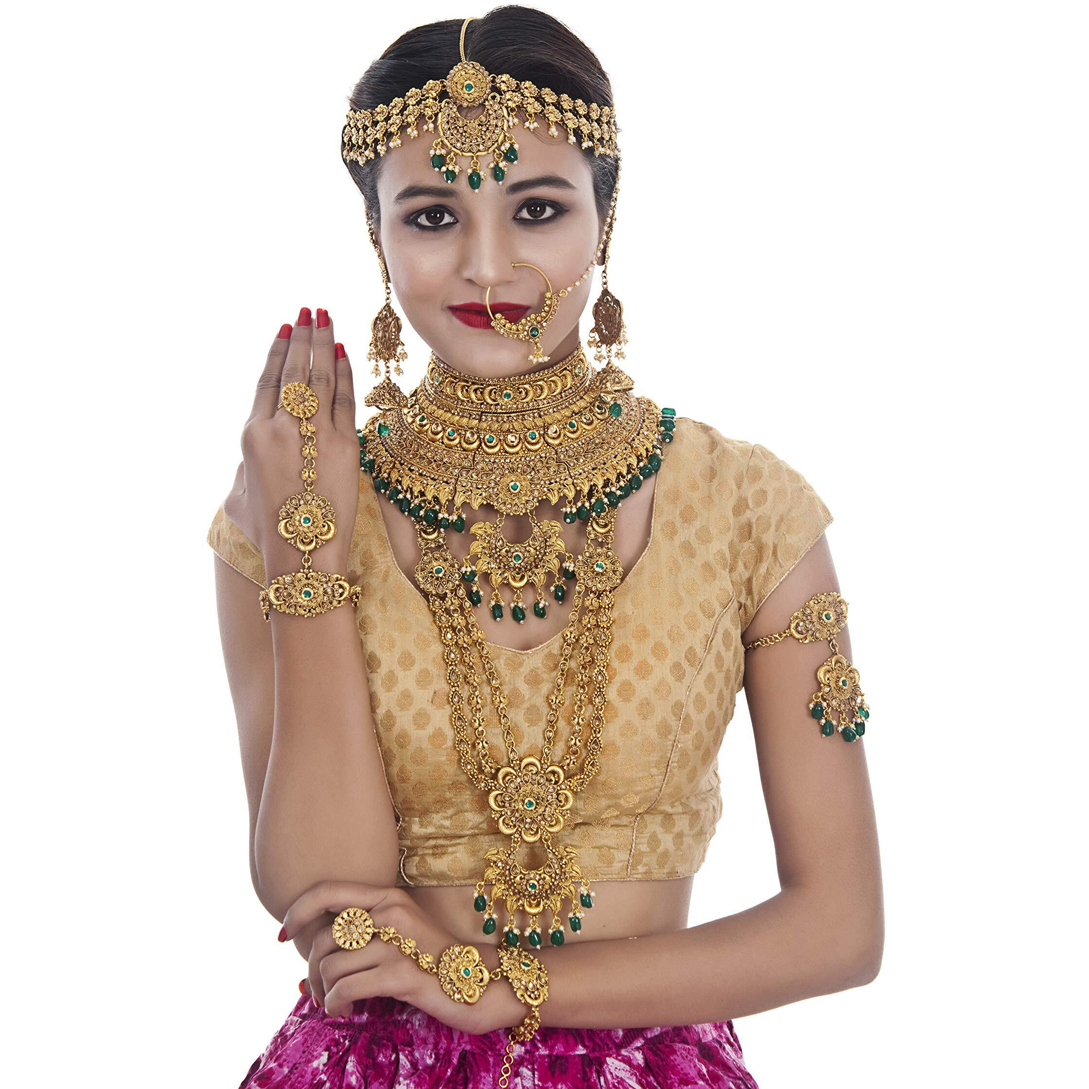 Lucky Jewellery Ethnic Copper Finish Bridal Alloy Gold Plated Green Color Pearl Dulhan Shadi Jewellery Set for Girls & Women (3630-G2ZR-175-LCT-G)