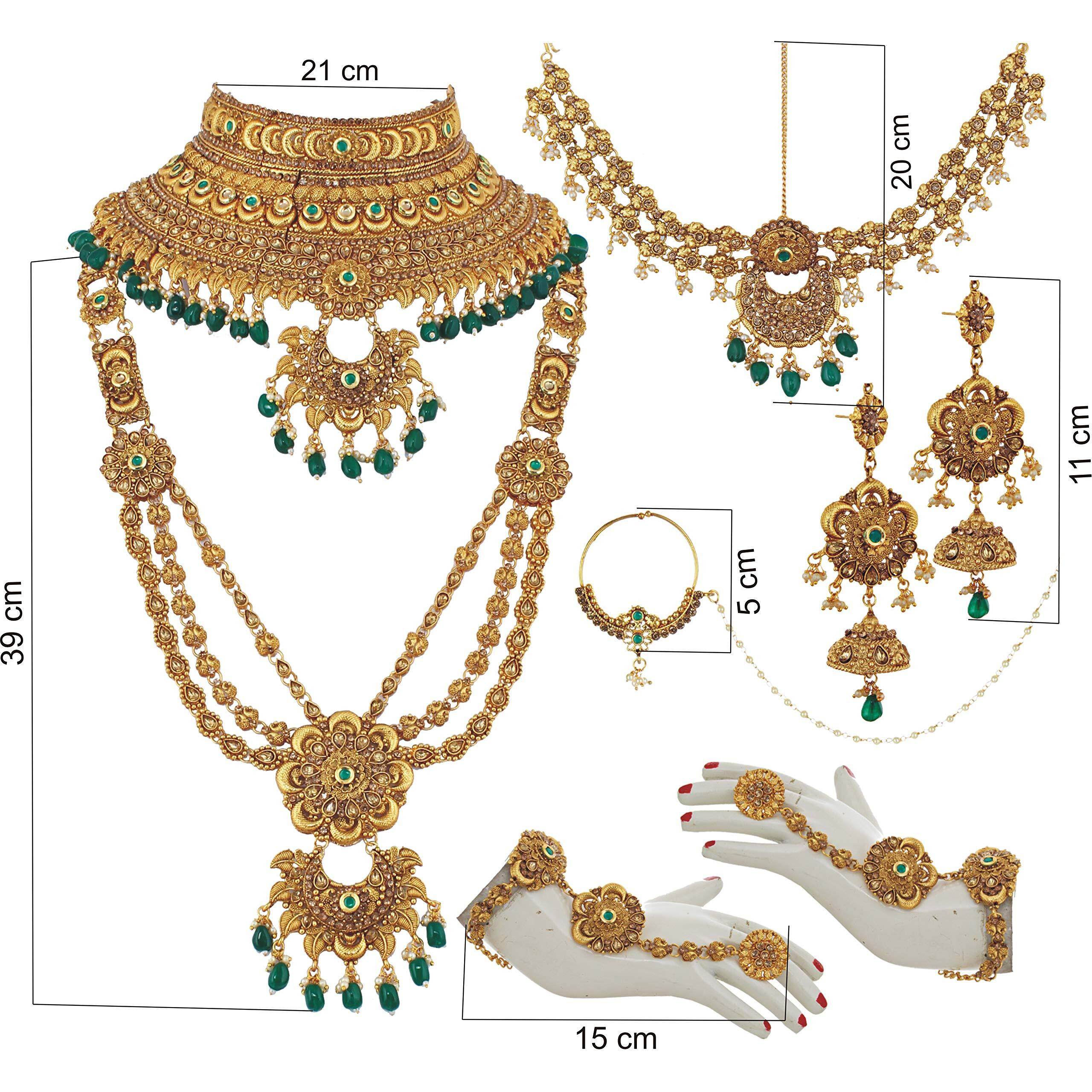 Lucky Jewellery Ethnic Copper Finish Bridal Alloy Gold Plated Green Color Pearl Dulhan Shadi Jewellery Set for Girls & Women (3630-G2ZR-175-LCT-G)
