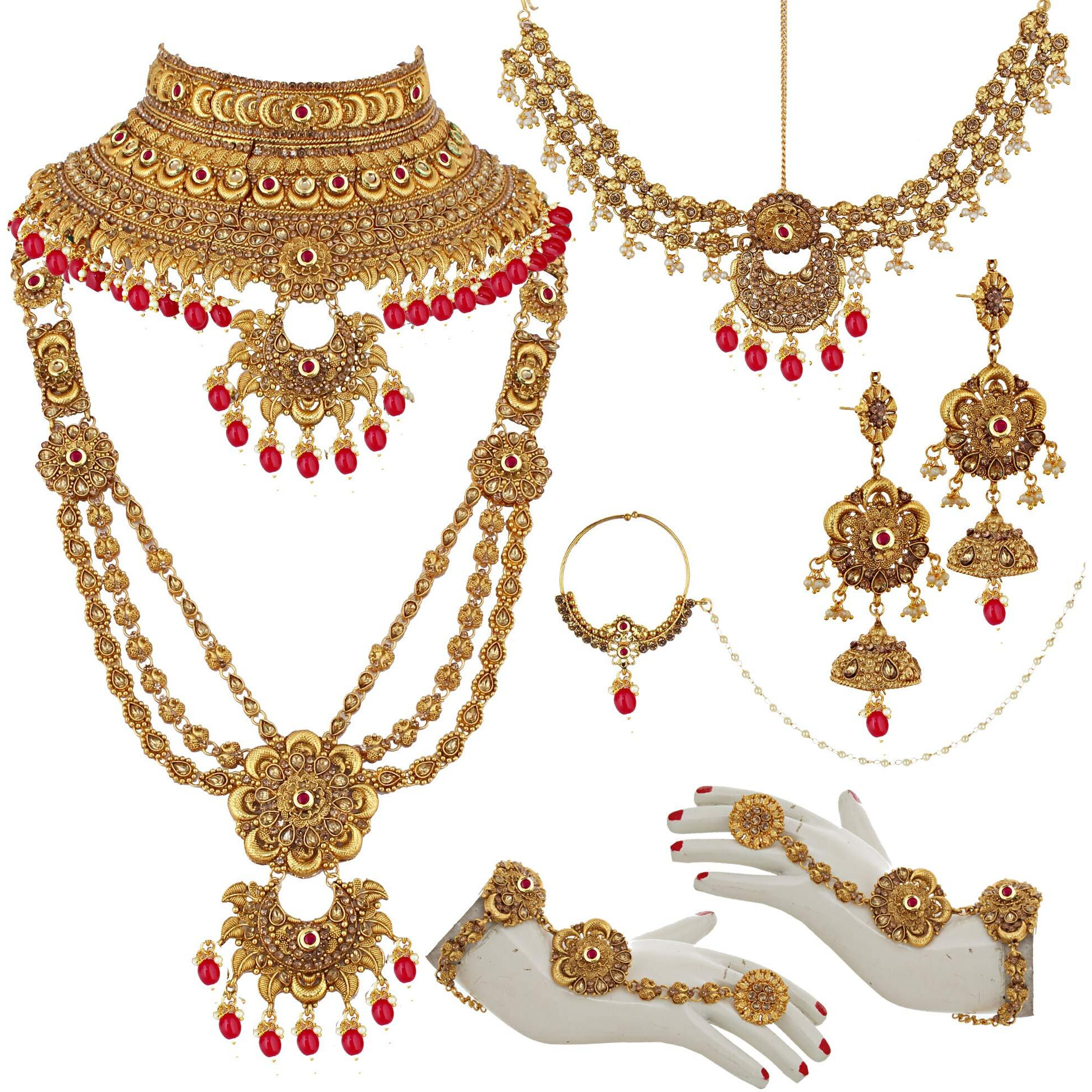 Lucky Jewellery Ethnic Copper Finish Bridal Alloy Gold Plated Magenta Color Pearl Dulhan Shadi Jewellery Set for Girls & Women (3630-G2ZR-175-LCT-R)