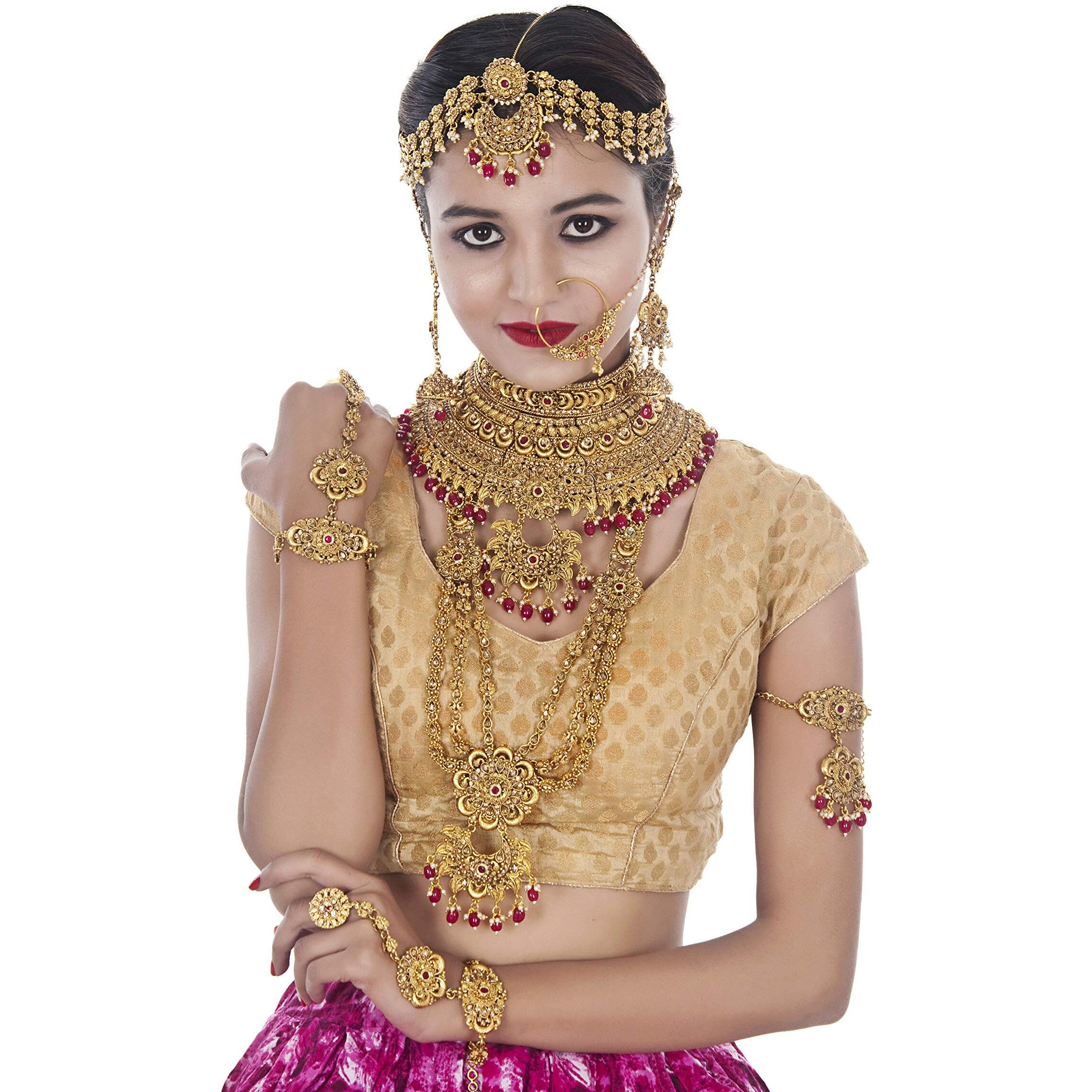Lucky Jewellery Ethnic Copper Finish Bridal Alloy Gold Plated Magenta Color Pearl Dulhan Shadi Jewellery Set for Girls & Women (3630-G2ZR-175-LCT-R)