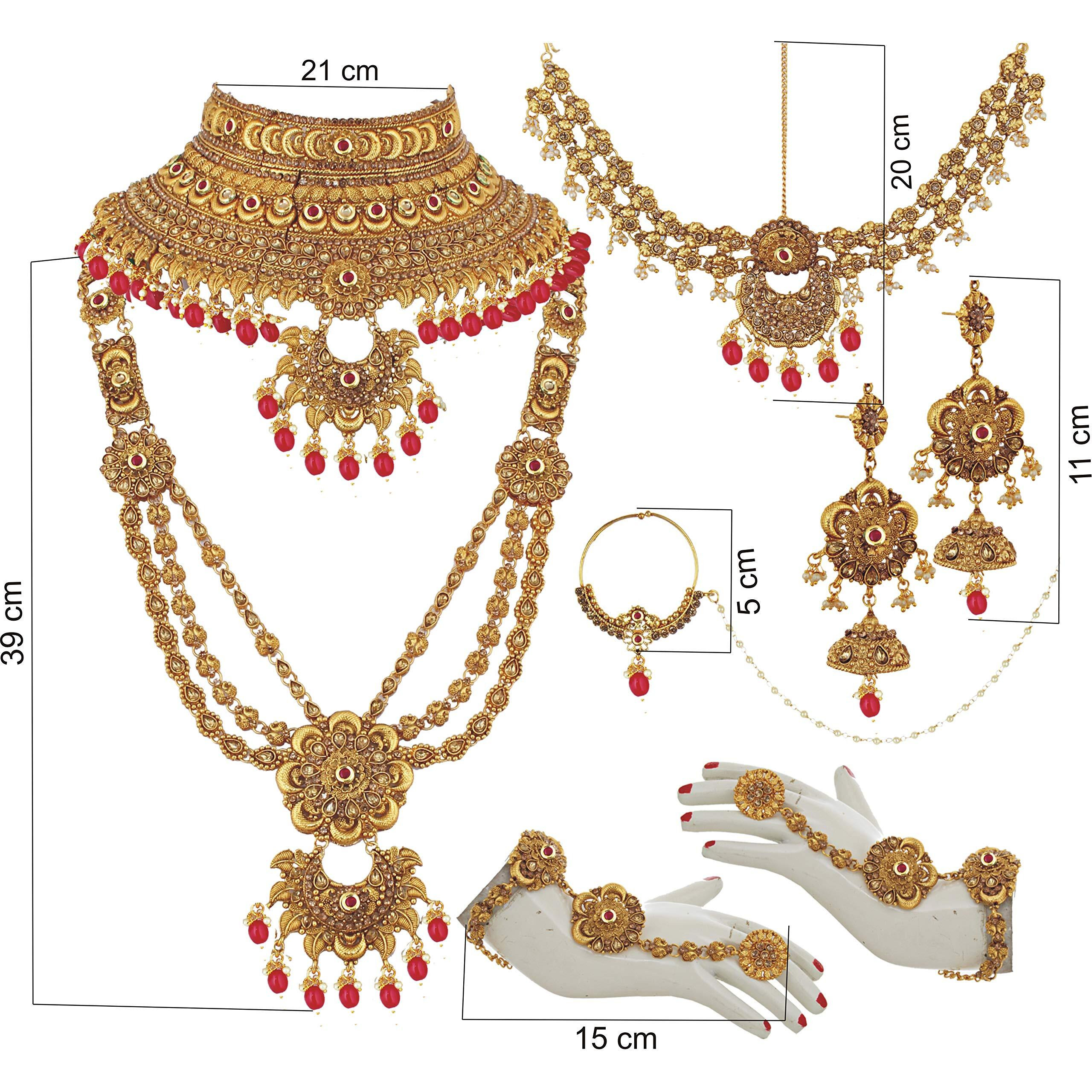 Lucky Jewellery Ethnic Copper Finish Bridal Alloy Gold Plated Magenta Color Pearl Dulhan Shadi Jewellery Set for Girls & Women (3630-G2ZR-175-LCT-R)