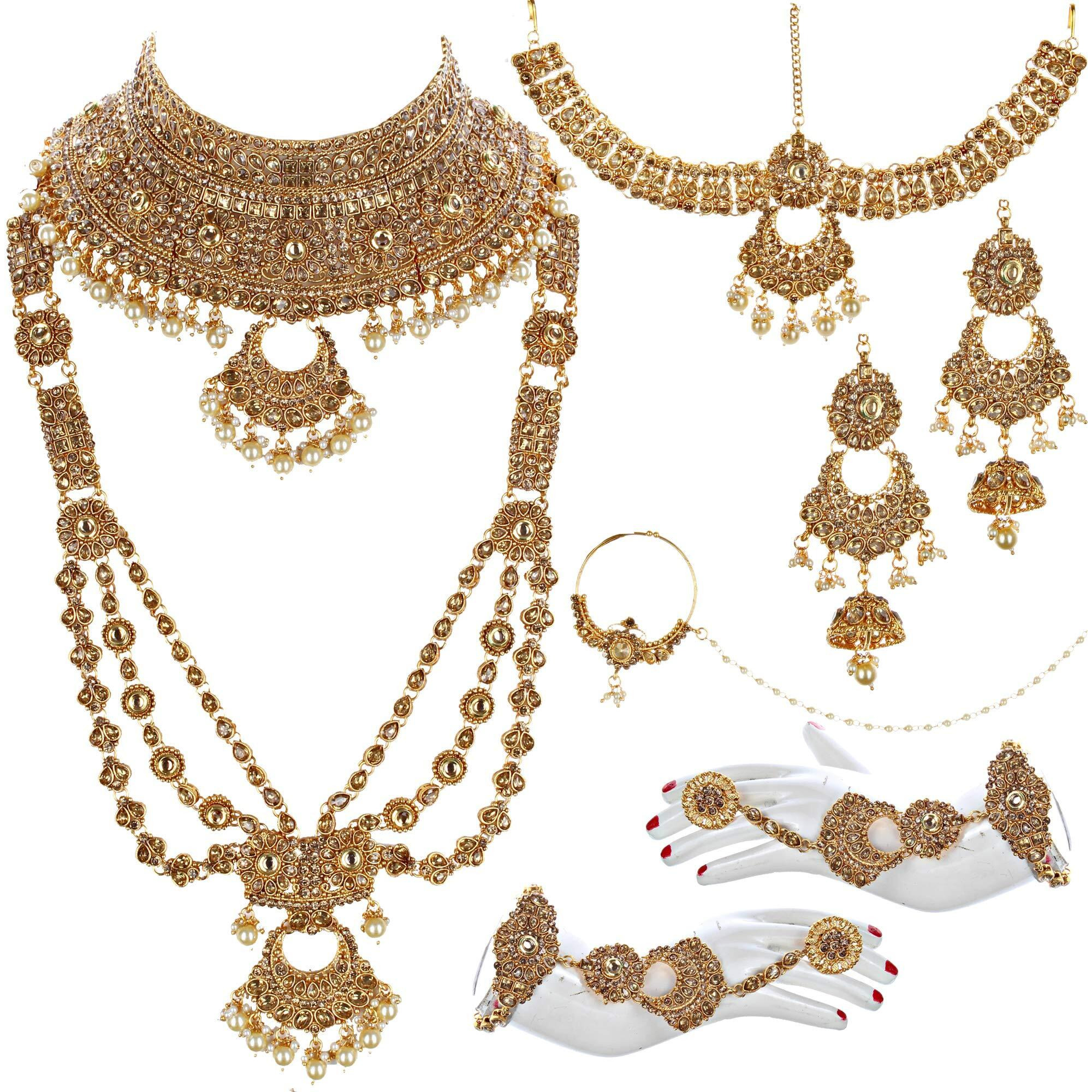 Lucky Jewellery Ethnic Copper Finish Bridal Golden LCT Color Alloy Gold Plated Wedding Dulhan Shadi Jewellery Set for Girls & Women (3630-G2ZR-190-LCT)