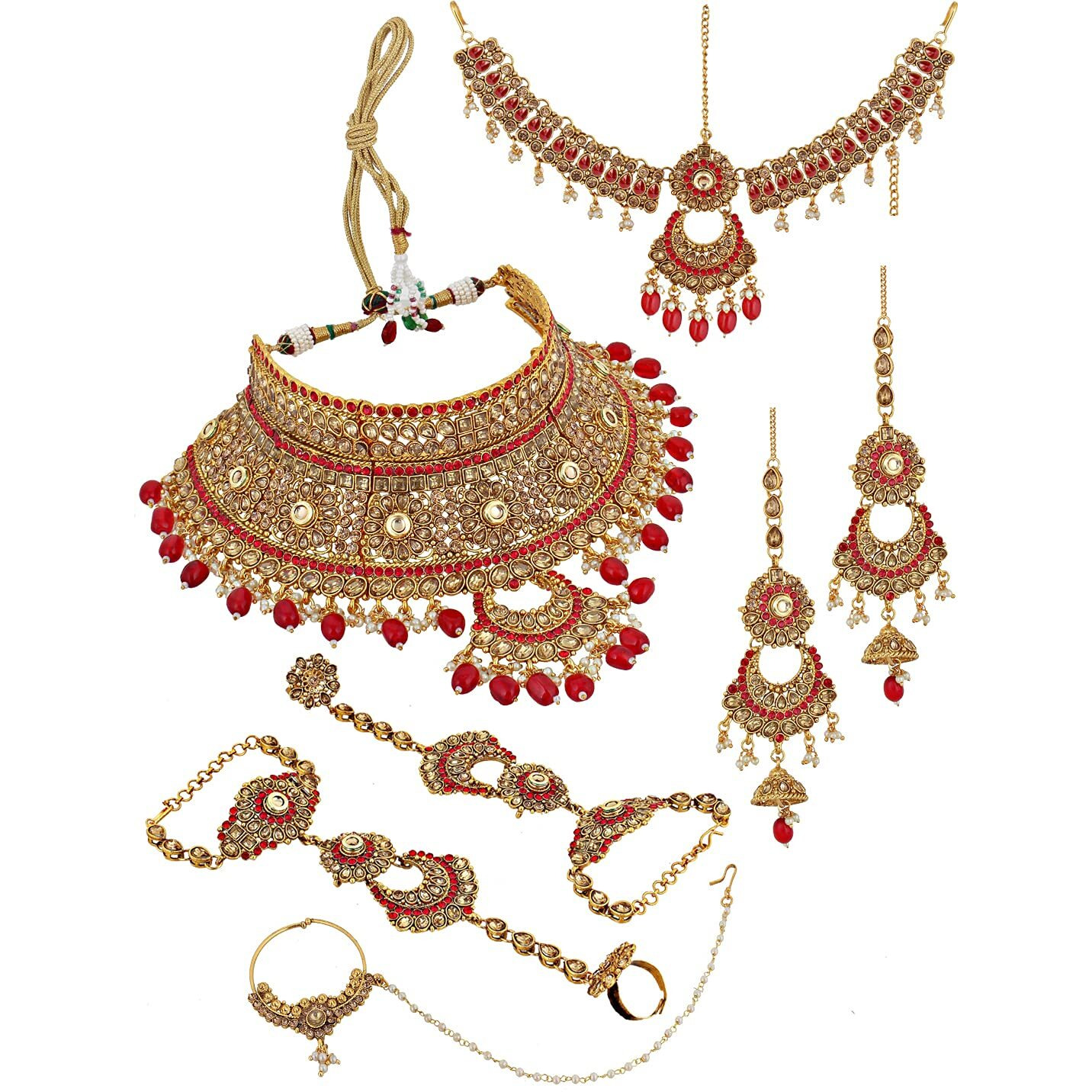 Lucky Jewellery Ethnic Copper Finish Bridal Golden Red Color Drops Alloy Gold Plated Wedding Dulhan Shadi Jewellery Set for Girls & Women (3630-G2ZR-190SM-LCT-RED)