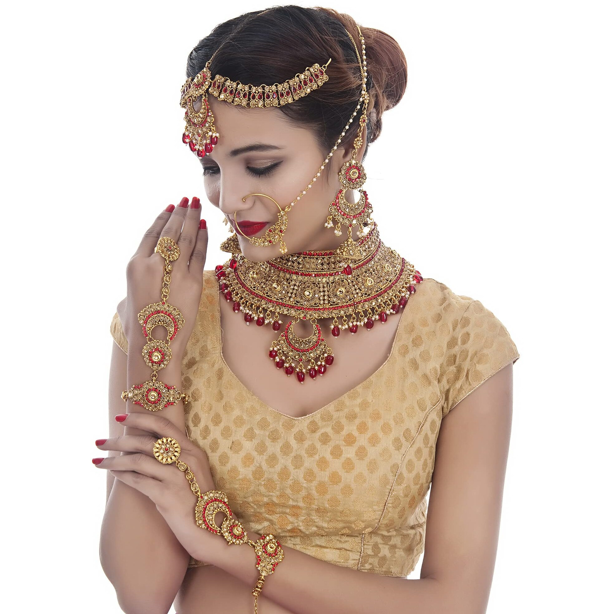 Lucky Jewellery Ethnic Copper Finish Bridal Golden Red Color Drops Alloy Gold Plated Wedding Dulhan Shadi Jewellery Set for Girls & Women (3630-G2ZR-190SM-LCT-RED)