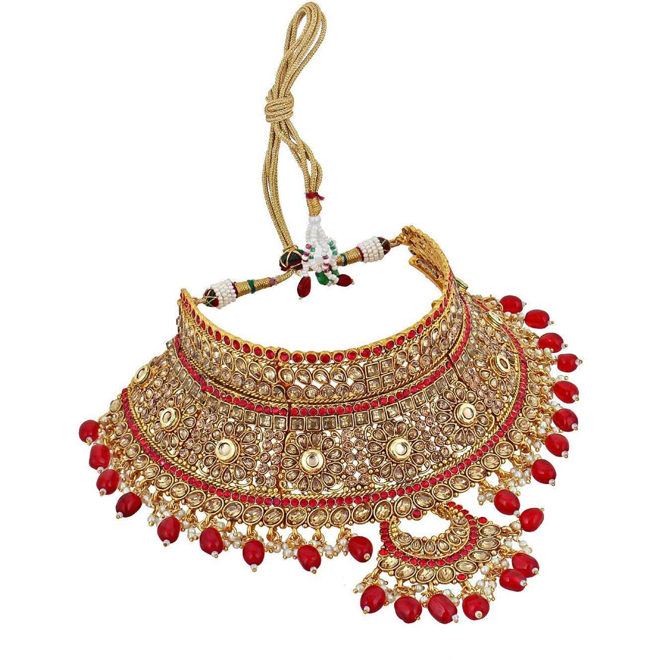 Lucky Jewellery Ethnic Copper Finish Bridal Golden Red Color Drops Alloy Gold Plated Wedding Dulhan Shadi Jewellery Set for Girls & Women (3630-G2ZR-190SM-LCT-RED)
