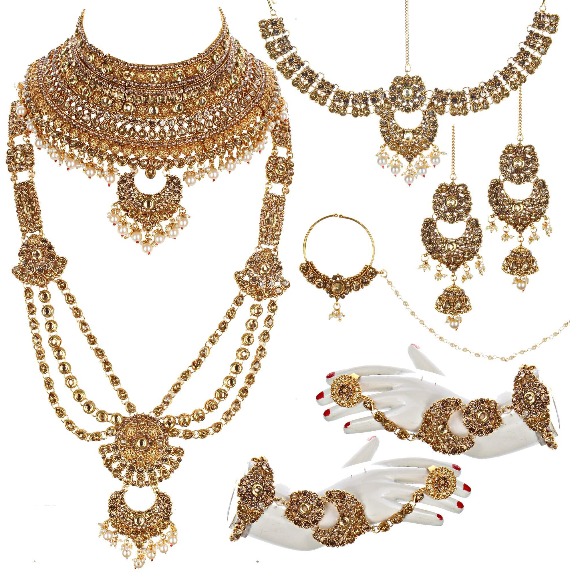 Lucky Jewellery Ethnic Copper Finish Bridal Golden LCT Color Alloy Gold Plated Wedding Dulhan Shadi Jewellery Set For Girls & Women (3630-G2ZR-195-LCT)