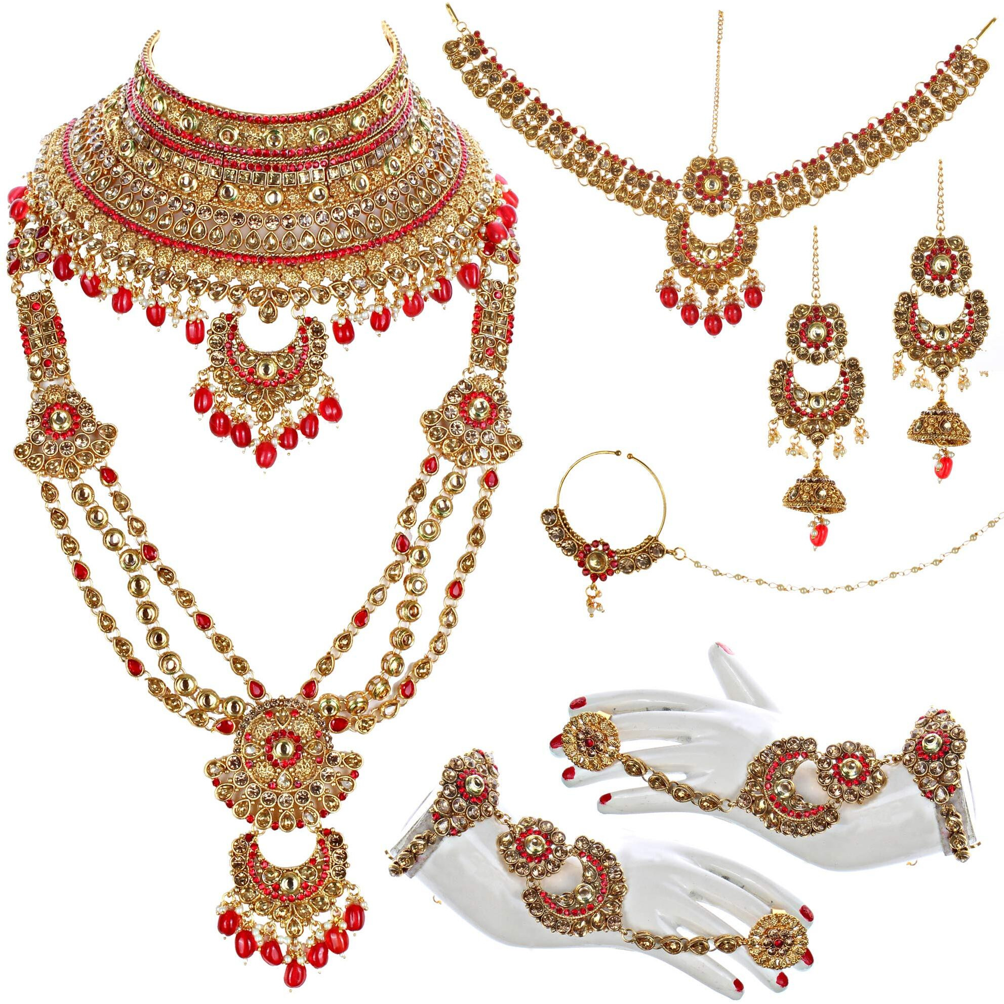 Lucky Jewellery Ethnic Copper Finish Bridal Golden Red Color Drops Alloy Gold Plated Wedding Dulhan Shadi Jewellery Set for Girls & Women (3630-G2ZR-195-LCT-RED)