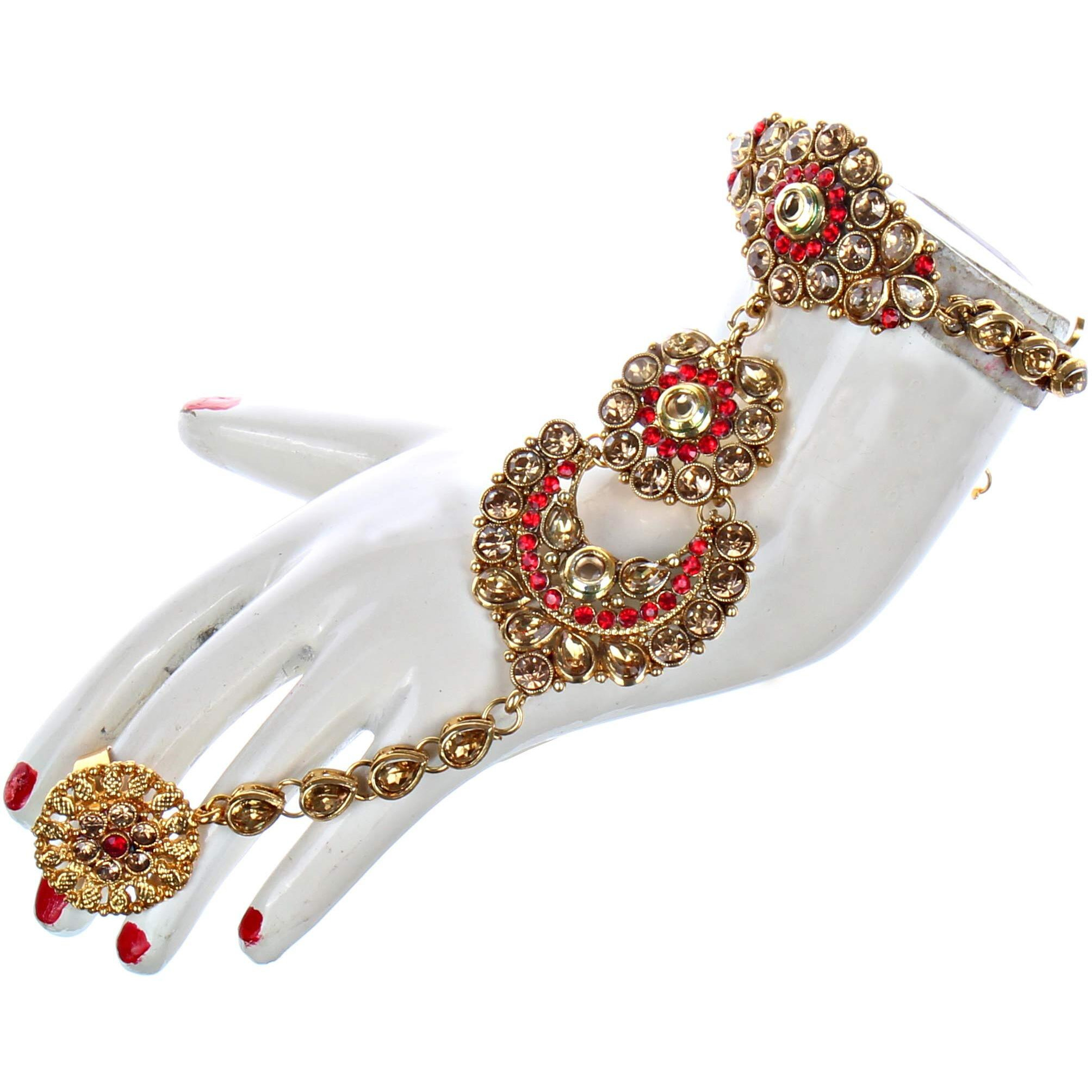 Lucky Jewellery Ethnic Copper Finish Bridal Golden Red Color Drops Alloy Gold Plated Wedding Dulhan Shadi Jewellery Set for Girls & Women (3630-G2ZR-195-LCT-RED)