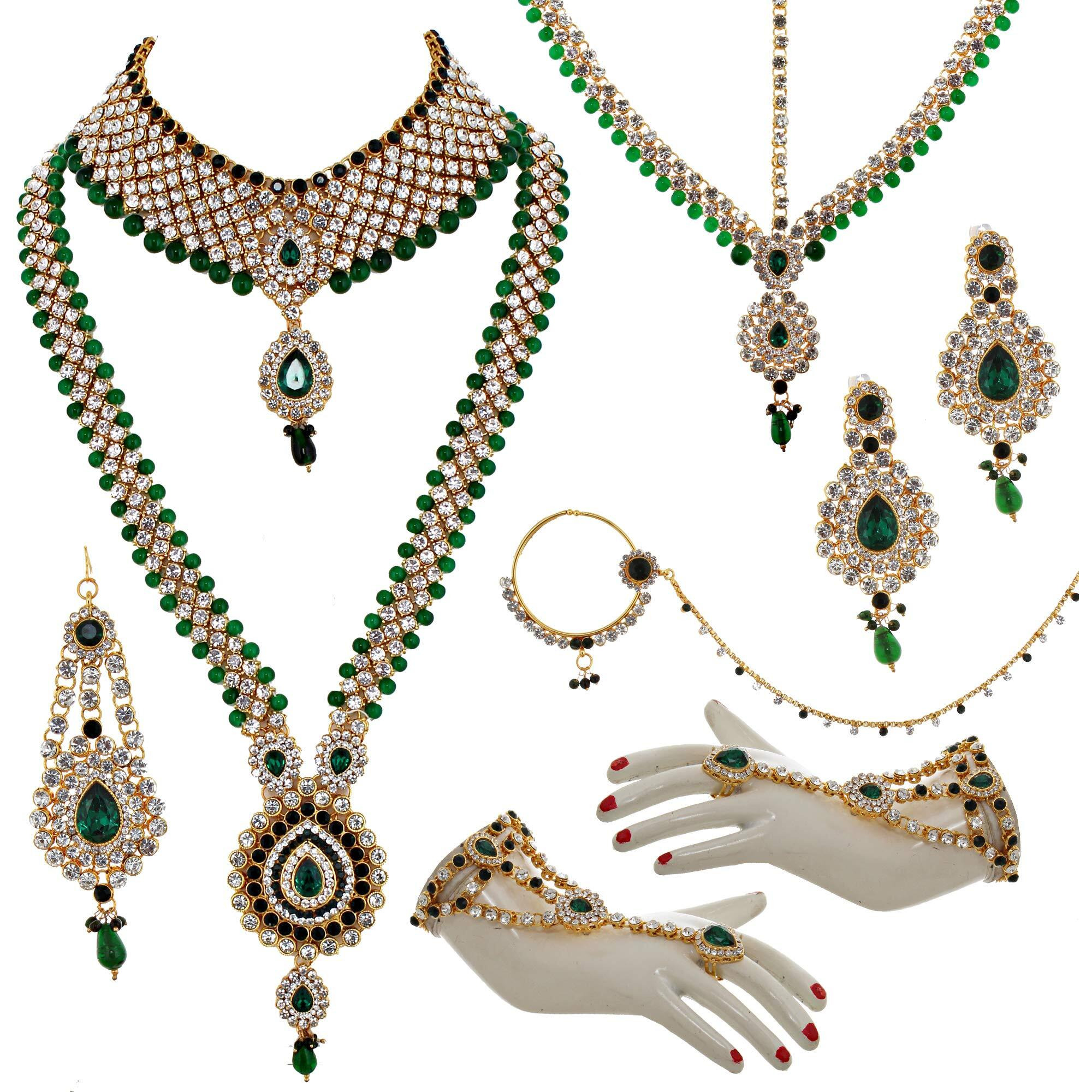Lucky Jewellery Bridal Dulhan Designer 18k Gold Plated Green Color Pearl Stone Set 9 pcs. for Women & Girls (3630-IZS-1611-G)