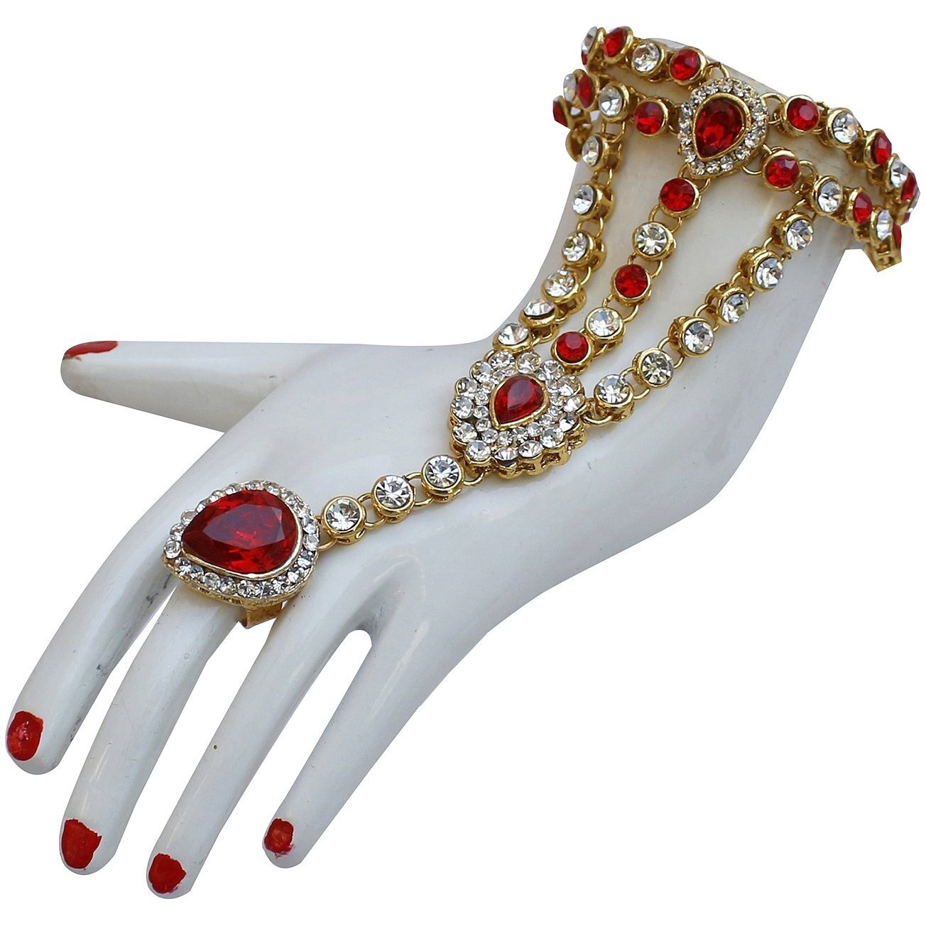 Lucky Jewellery Bridal Dulhan Designer 18k Gold Plated Red Color Pearl Stone Set 9 pcs. for Women & Girls (3630-IZS-1611-RED)