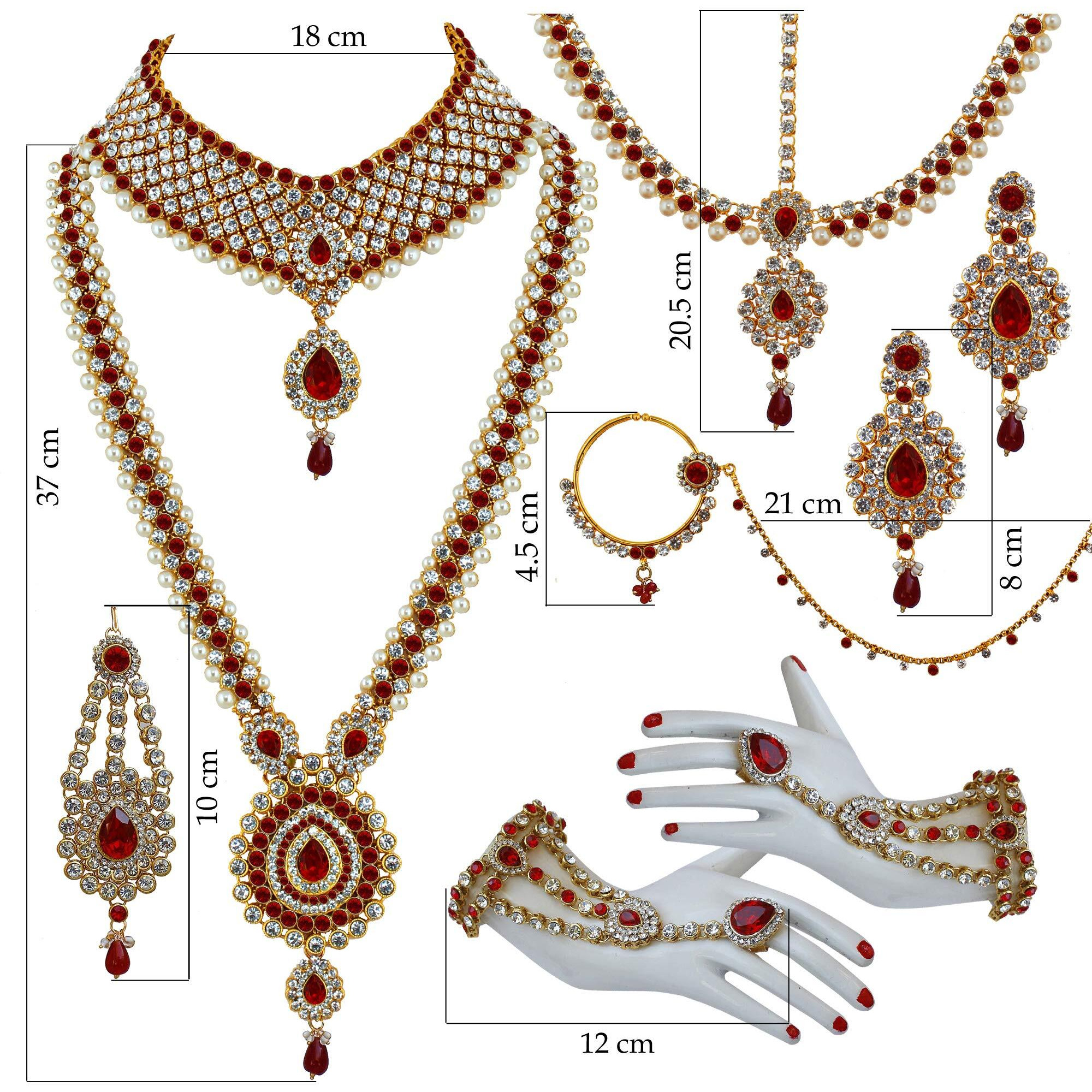 Lucky Jewellery Bridal Dulhan Designer 18k Gold Plated Red Color Pearl Stone Set 9 pcs. for Women & Girls (3630-IZS-1611-RED)