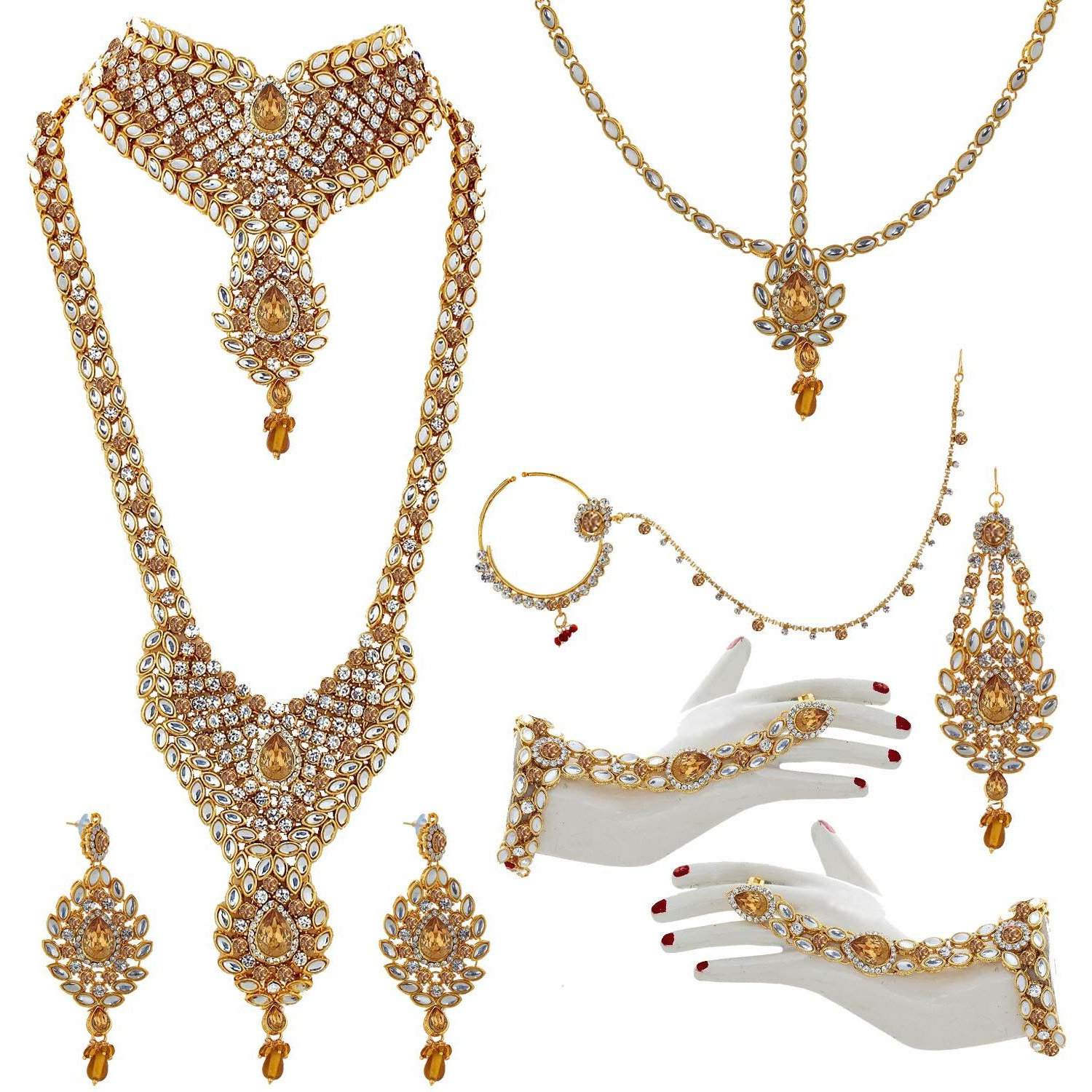 Lucky Jewellery Gold White Color Kundan & CZ Stone 9Pcs. Bridal Jewellery Set for Women (3894-IZS-1002-LCT-W)