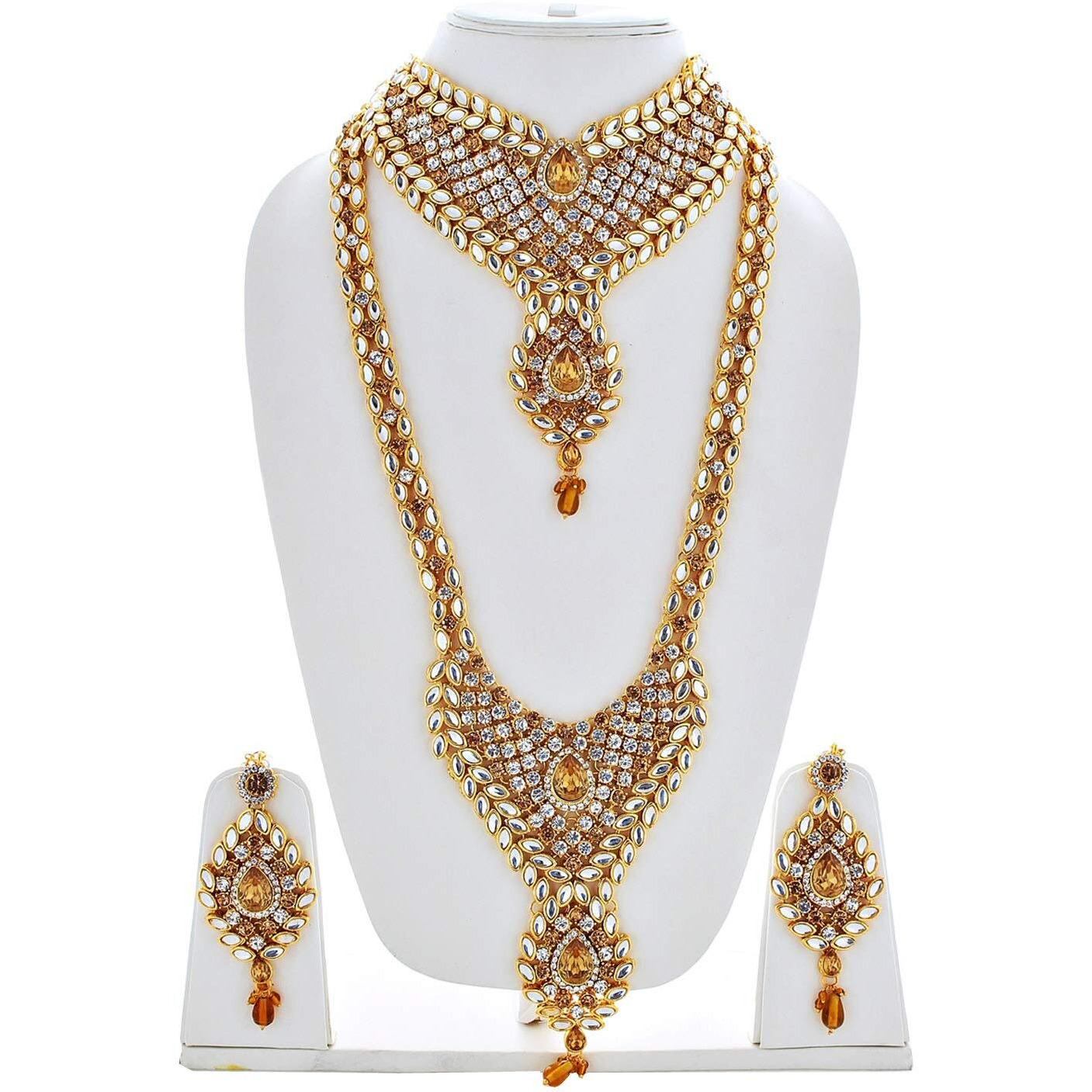 Lucky Jewellery Gold White Color Kundan & CZ Stone 9Pcs. Bridal Jewellery Set for Women (3894-IZS-1002-LCT-W)