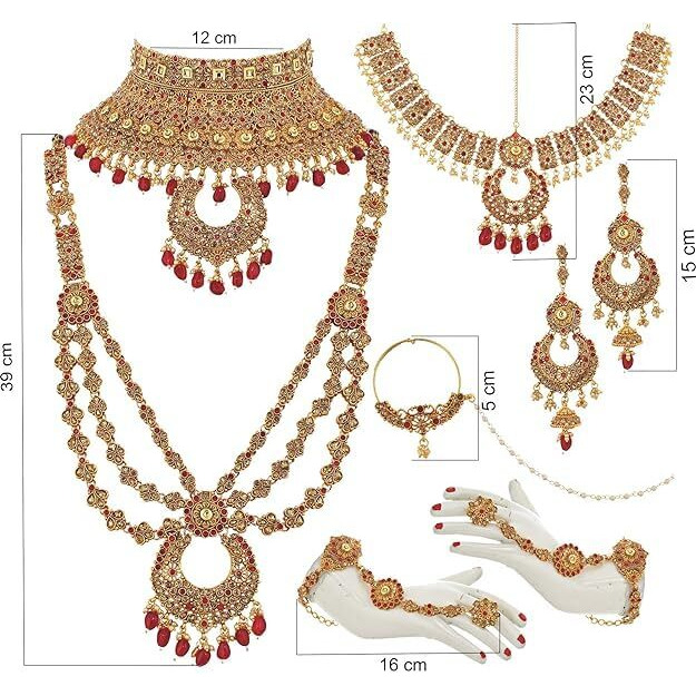 Lucky Jewellery Bridal Dulhan Golden Red Color Alloy Gold Plated Wedding Jewellery Set for Girls & Women (3960-P3ZR-233-LCT-RED)