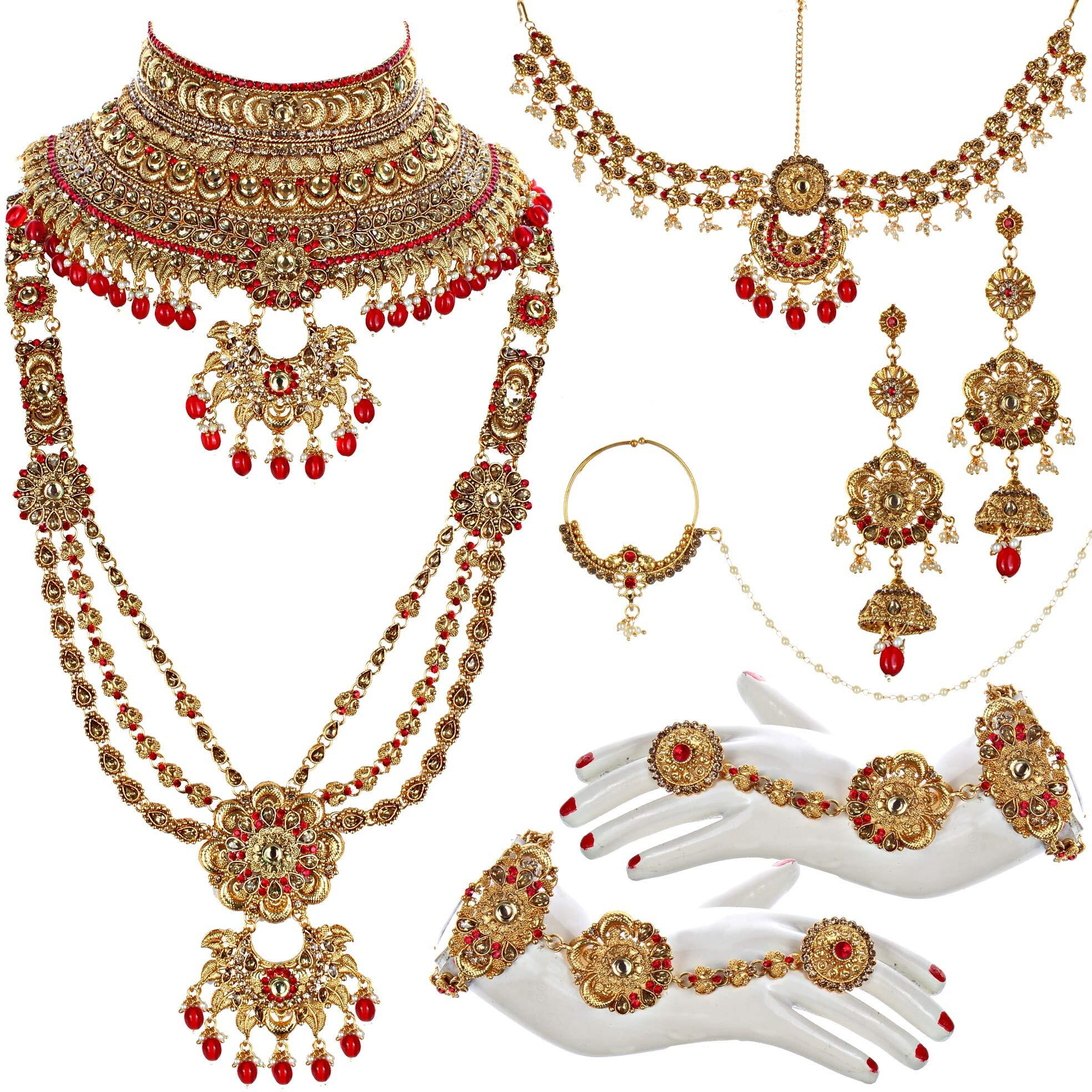 Lucky Jewellery Bridal Dulhan Golden Red Color Alloy Gold Plated Wedding Jewellery Set for Girls & Women (3960-P3ZR-237-LCT-RED)