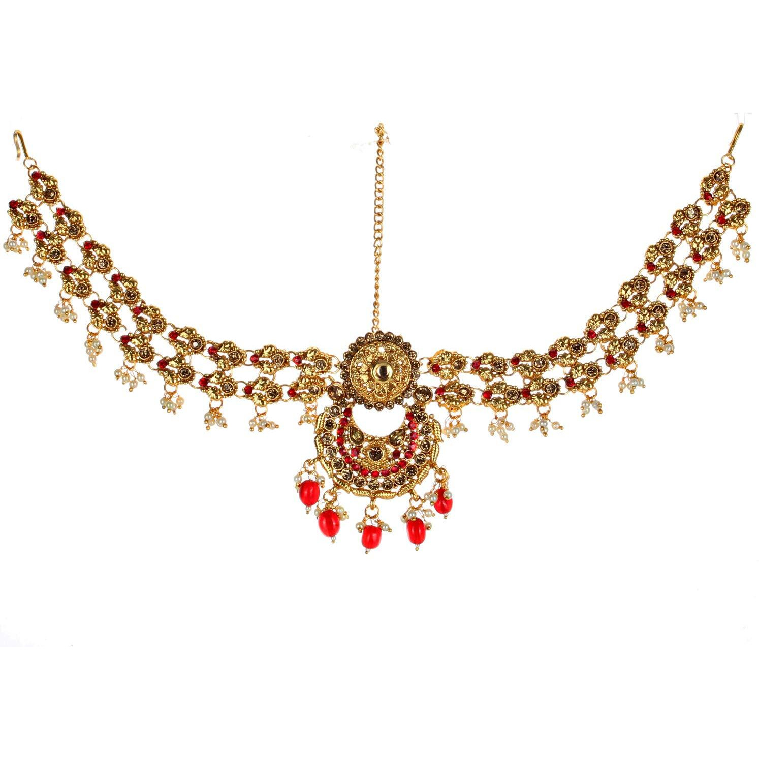 Lucky Jewellery Bridal Dulhan Golden Red Color Alloy Gold Plated Wedding Jewellery Set for Girls & Women (3960-P3ZR-237-LCT-RED)