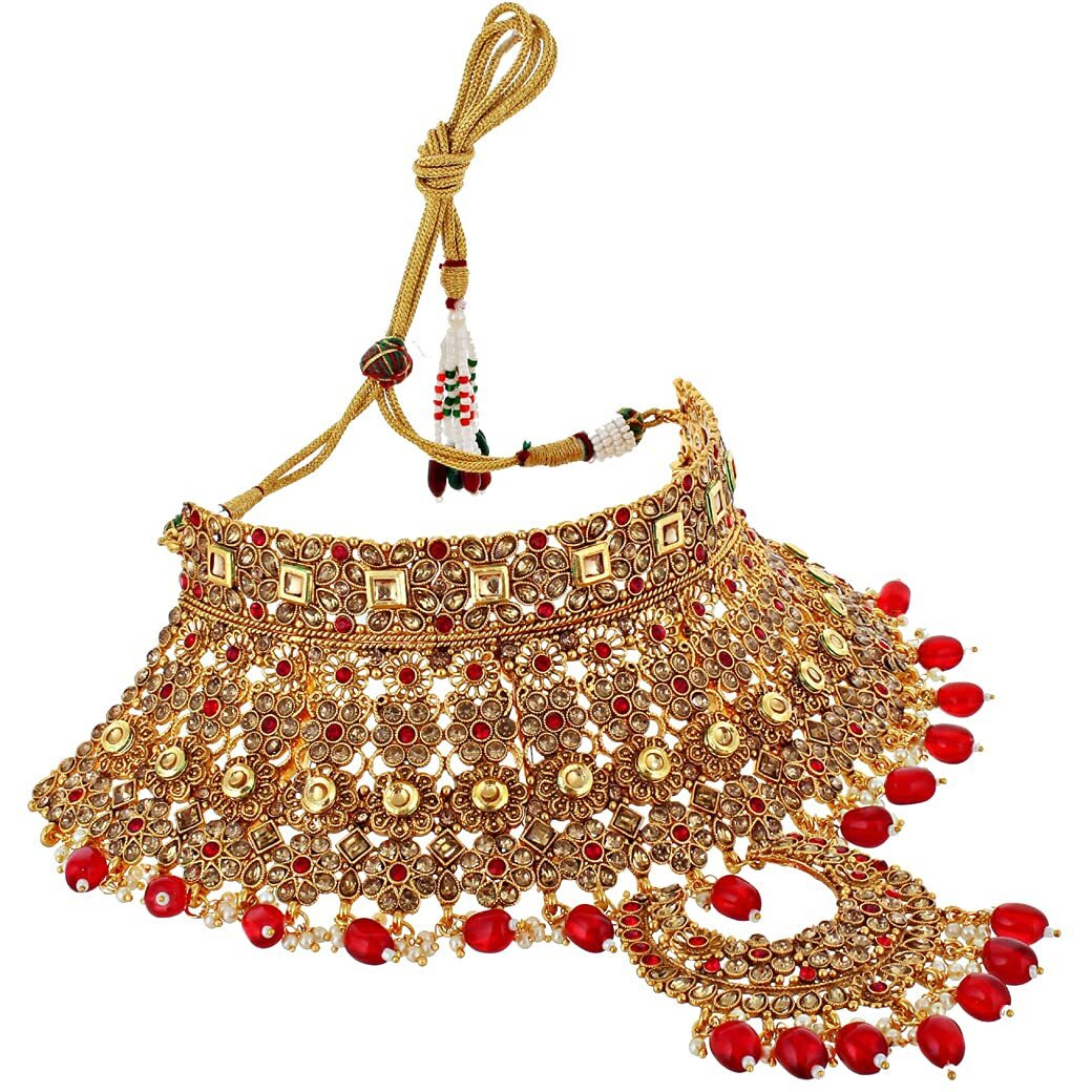 Lucky Jewellery Bridal Dulhan Designer Golden Red Color Pearl Stone Wedding Set 7 pcs. for Girls & Women (4125-G2ZR-225SM-LCT-RED)